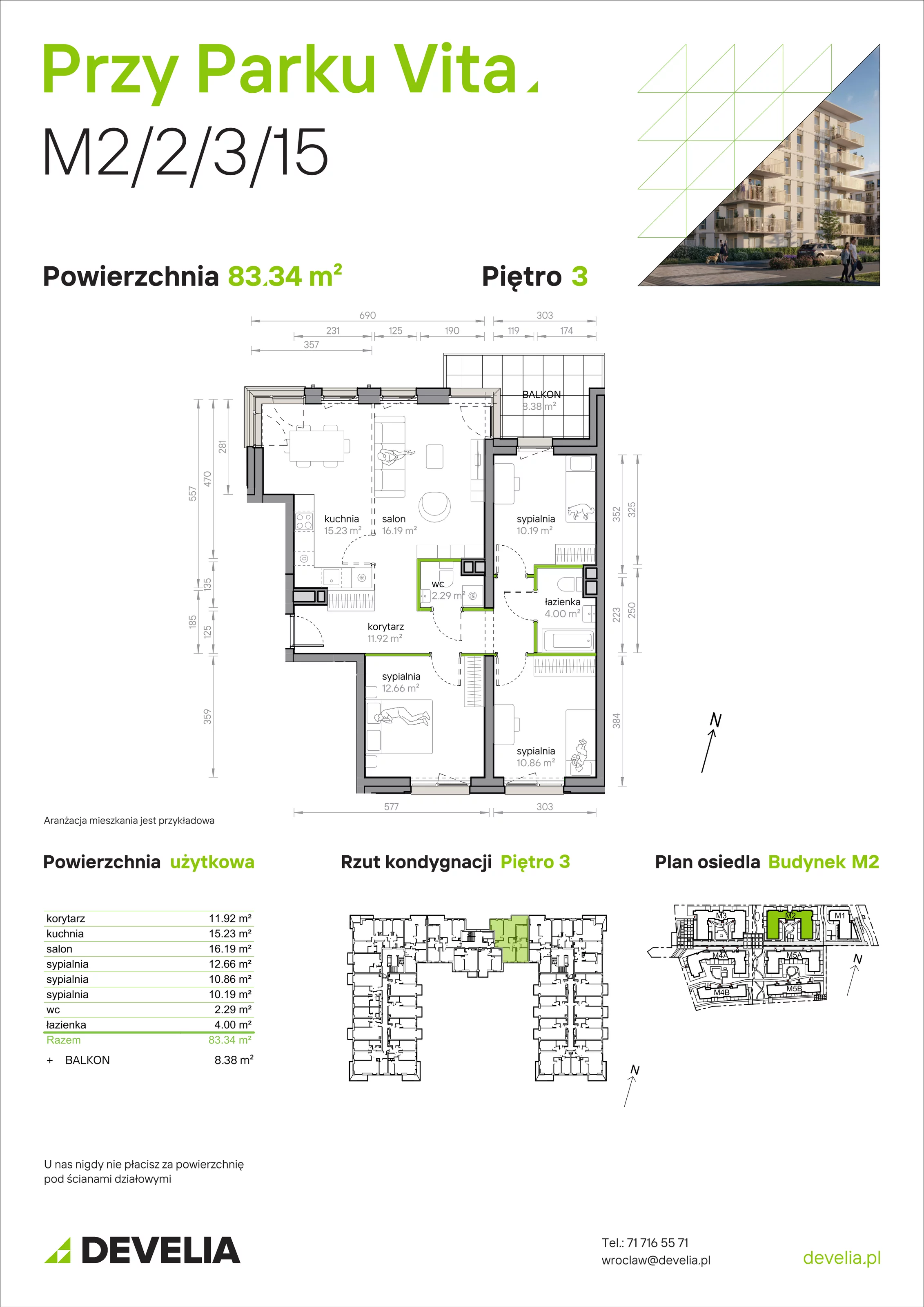 4 pokoje, mieszkanie 83,34 m², piętro 3, oferta nr M2/2/3/15, Przy Parku Vita, Wrocław, Tarnogaj, Krzyki, ul. Międzyleska 2