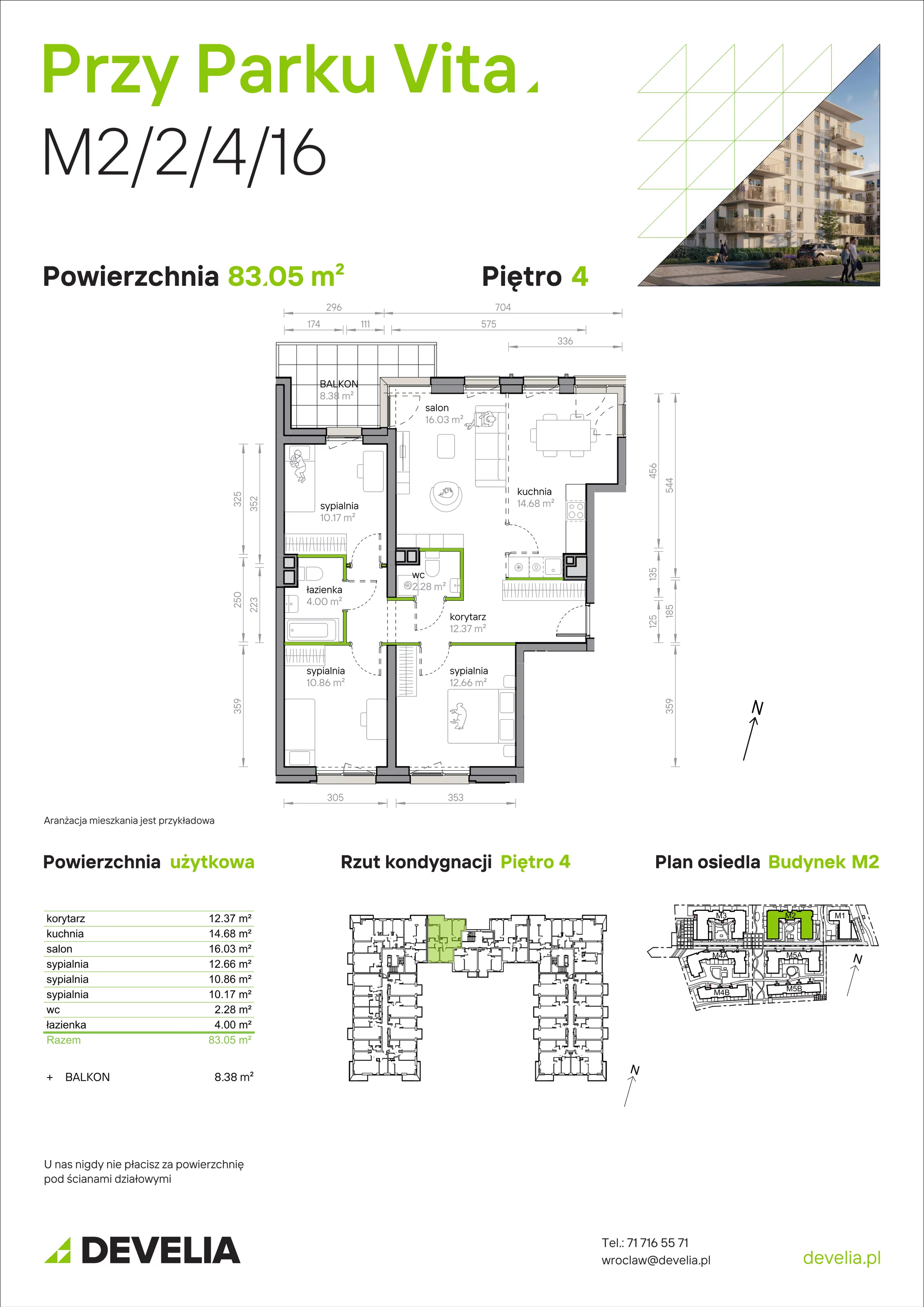 4 pokoje, mieszkanie 83,05 m², piętro 4, oferta nr M2/2/4/16, Przy Parku Vita, Wrocław, Tarnogaj, Krzyki, ul. Międzyleska 2