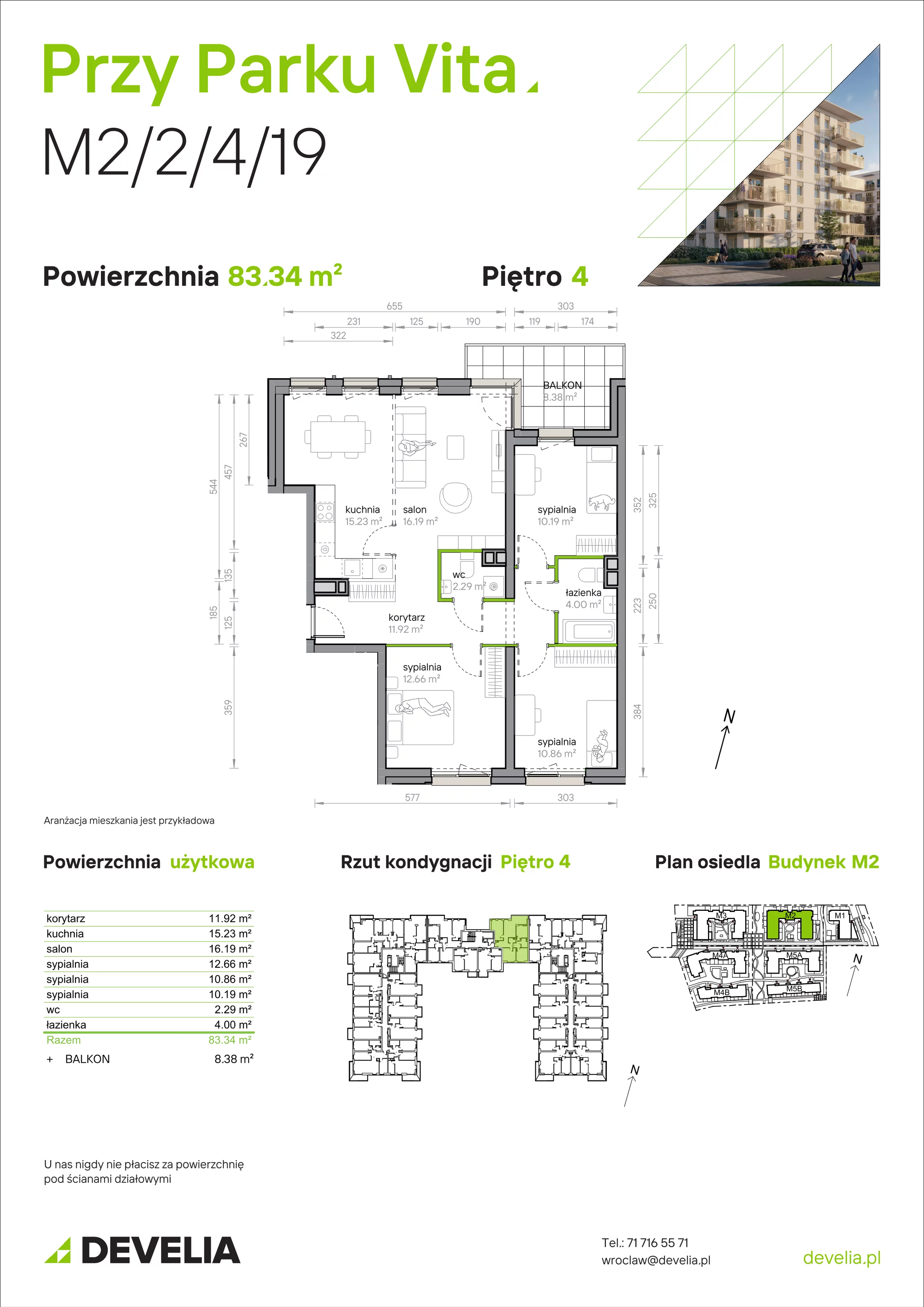 4 pokoje, mieszkanie 83,34 m², piętro 4, oferta nr M2/2/4/19, Przy Parku Vita, Wrocław, Tarnogaj, Krzyki, ul. Międzyleska 2