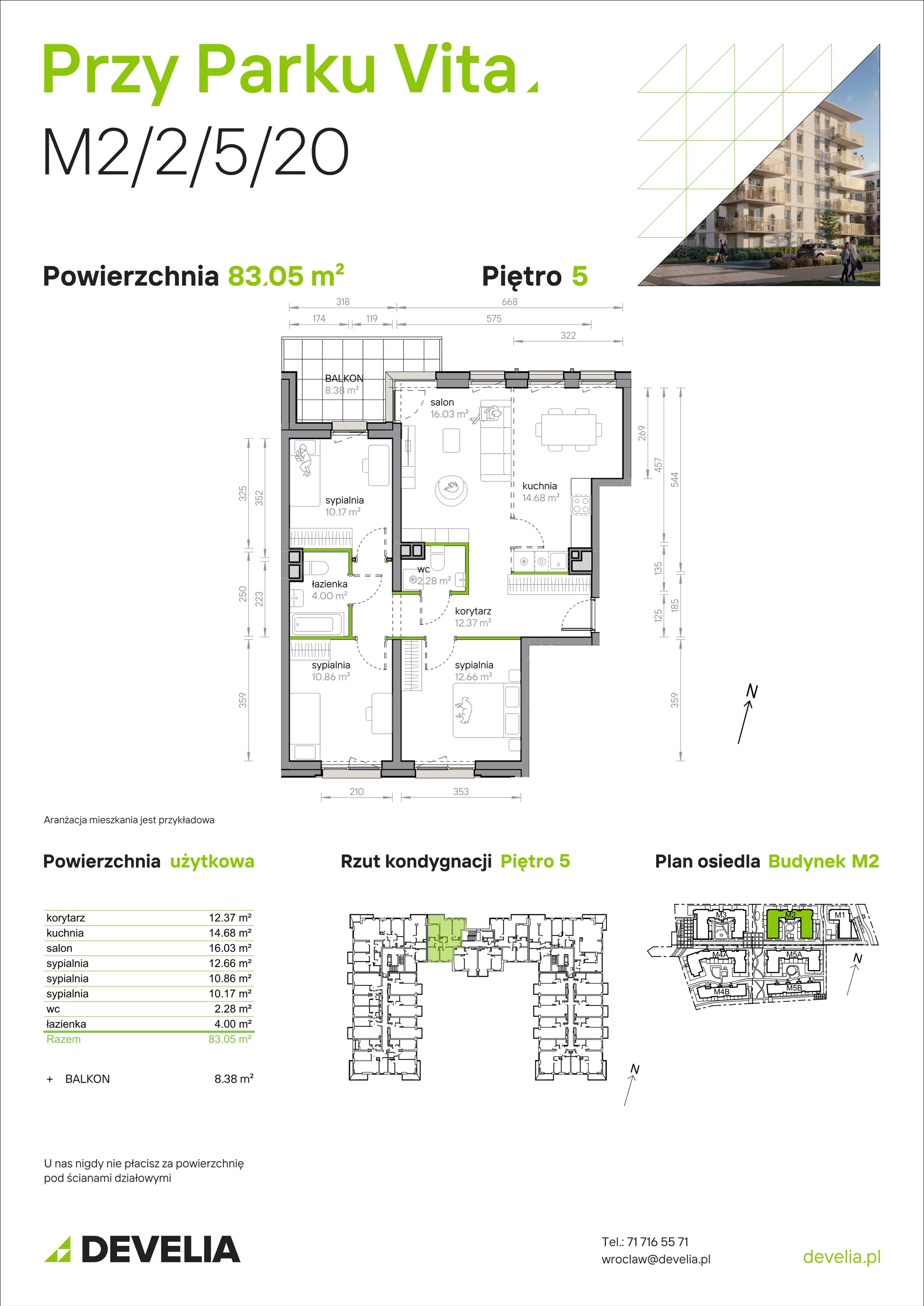 4 pokoje, mieszkanie 83,05 m², piętro 5, oferta nr M2/2/5/20, Przy Parku Vita, Wrocław, Tarnogaj, Krzyki, ul. Międzyleska 2