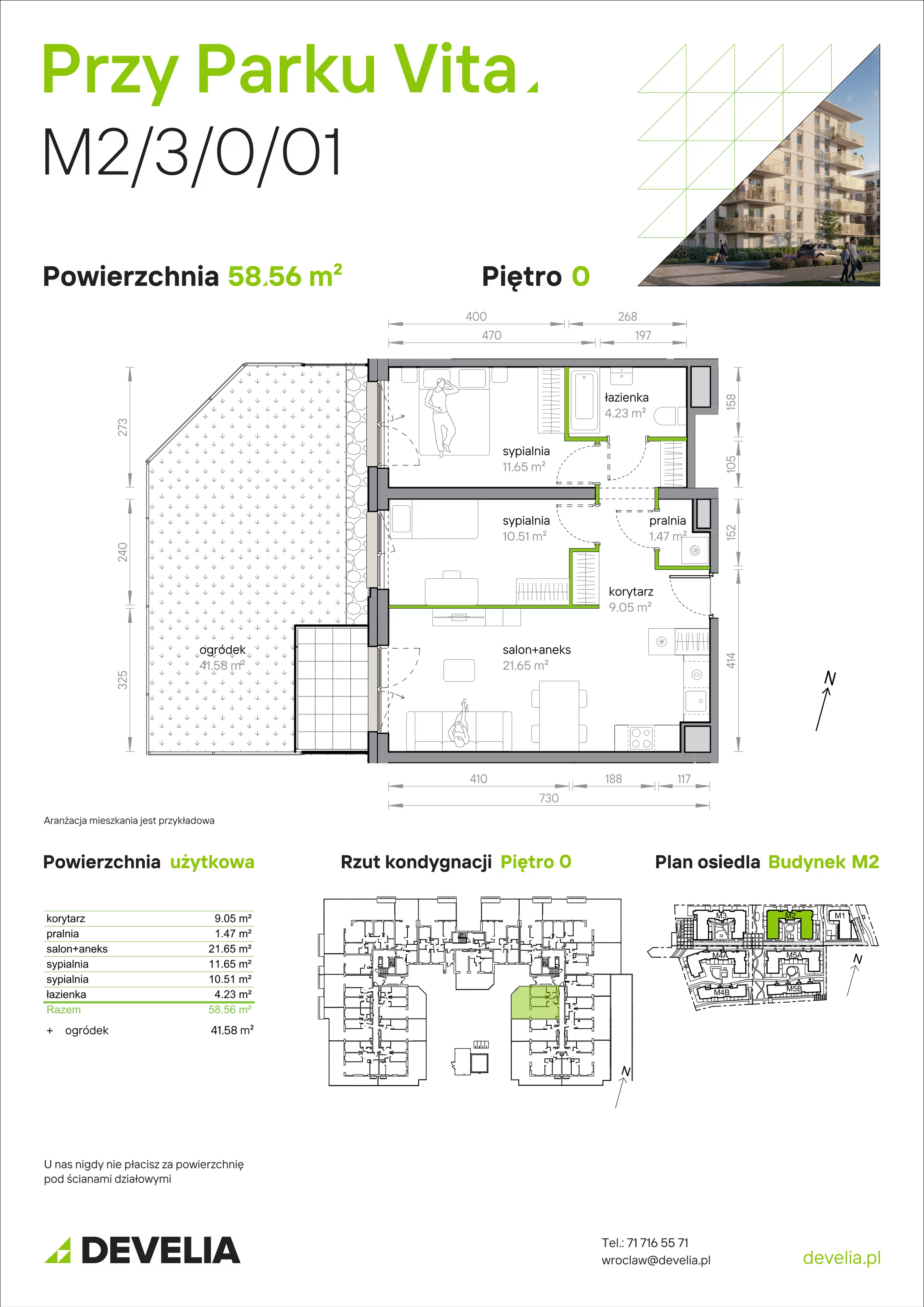 3 pokoje, mieszkanie 58,56 m², parter, oferta nr M2/3/0/01, Przy Parku Vita, Wrocław, Tarnogaj, Krzyki, ul. Międzyleska 2
