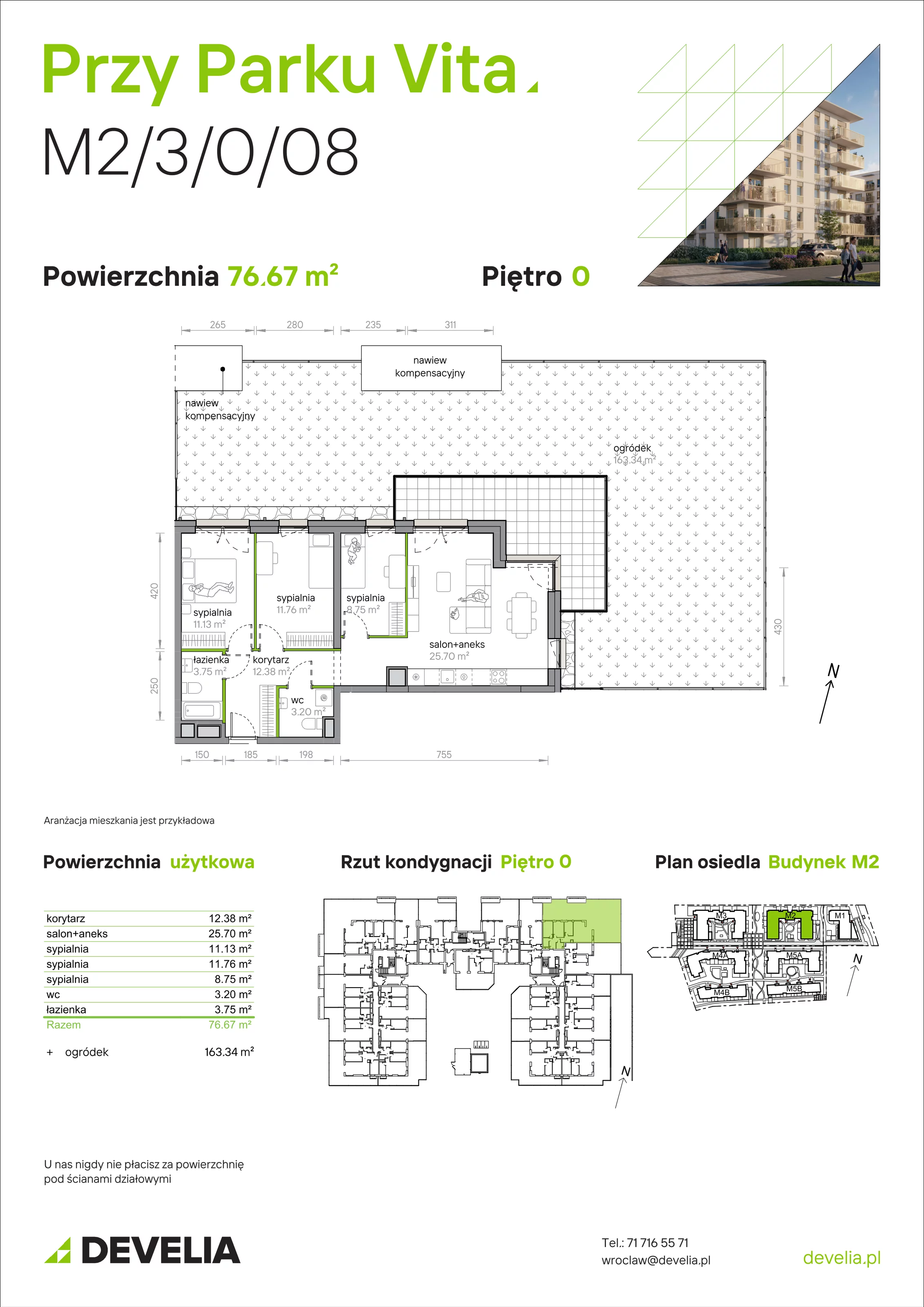 4 pokoje, mieszkanie 76,67 m², parter, oferta nr M2/3/0/08, Przy Parku Vita, Wrocław, Tarnogaj, Krzyki, ul. Międzyleska 2