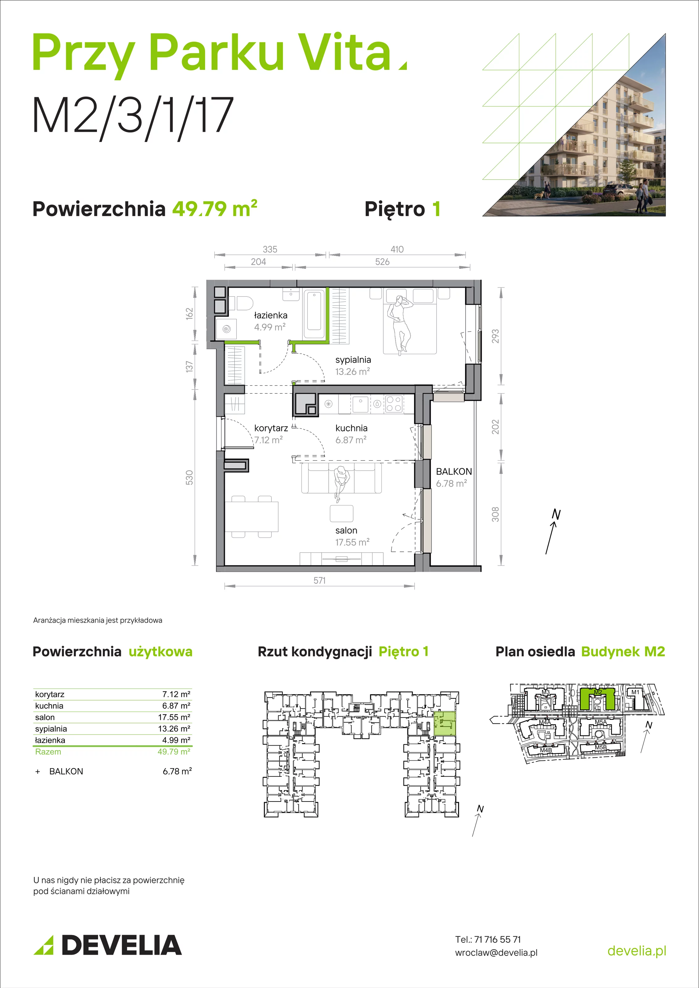 2 pokoje, mieszkanie 49,79 m², piętro 1, oferta nr M2/3/1/17, Przy Parku Vita, Wrocław, Tarnogaj, Krzyki, ul. Międzyleska 2