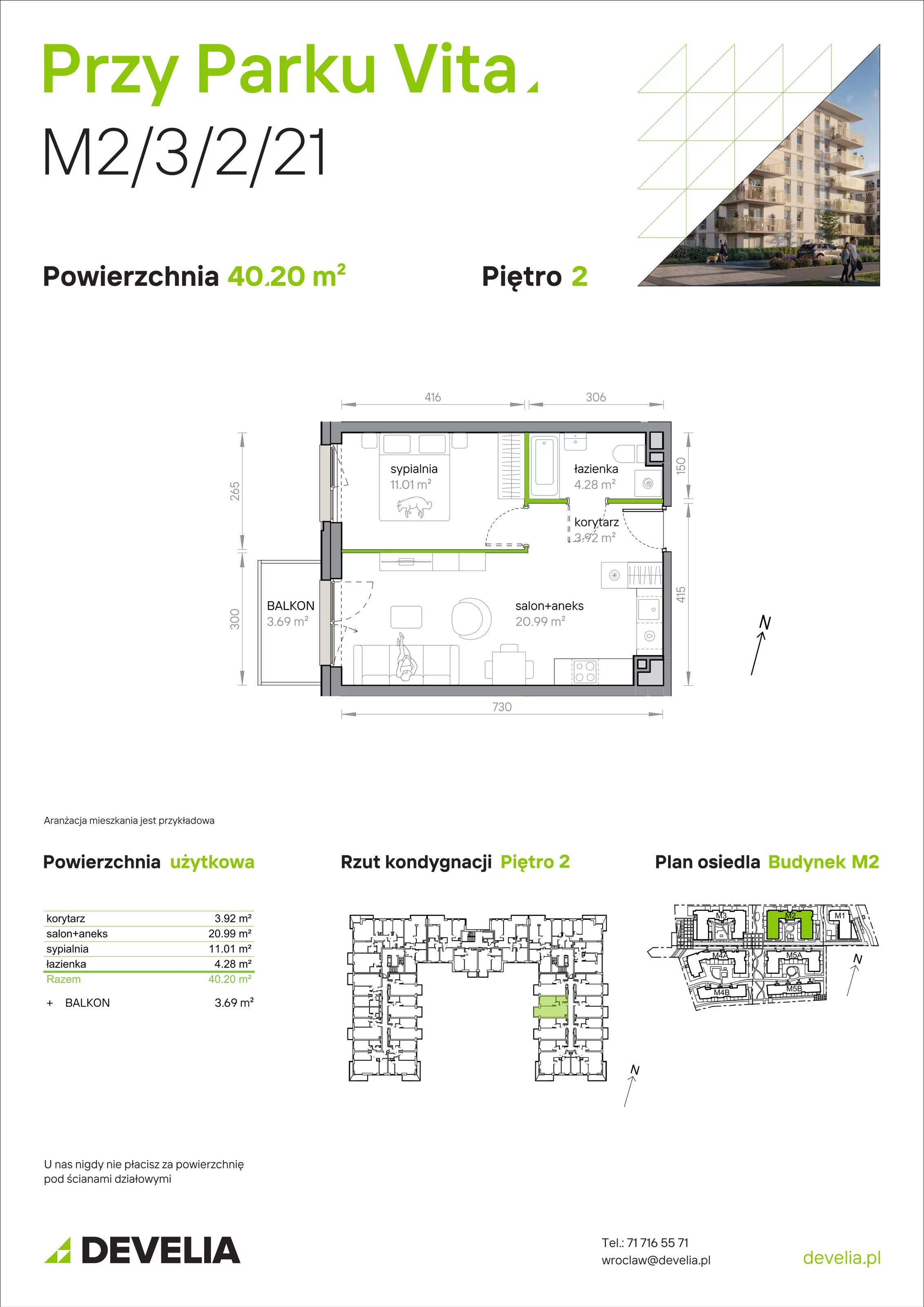 2 pokoje, mieszkanie 40,20 m², piętro 2, oferta nr M2/3/2/21, Przy Parku Vita, Wrocław, Tarnogaj, Krzyki, ul. Międzyleska 2