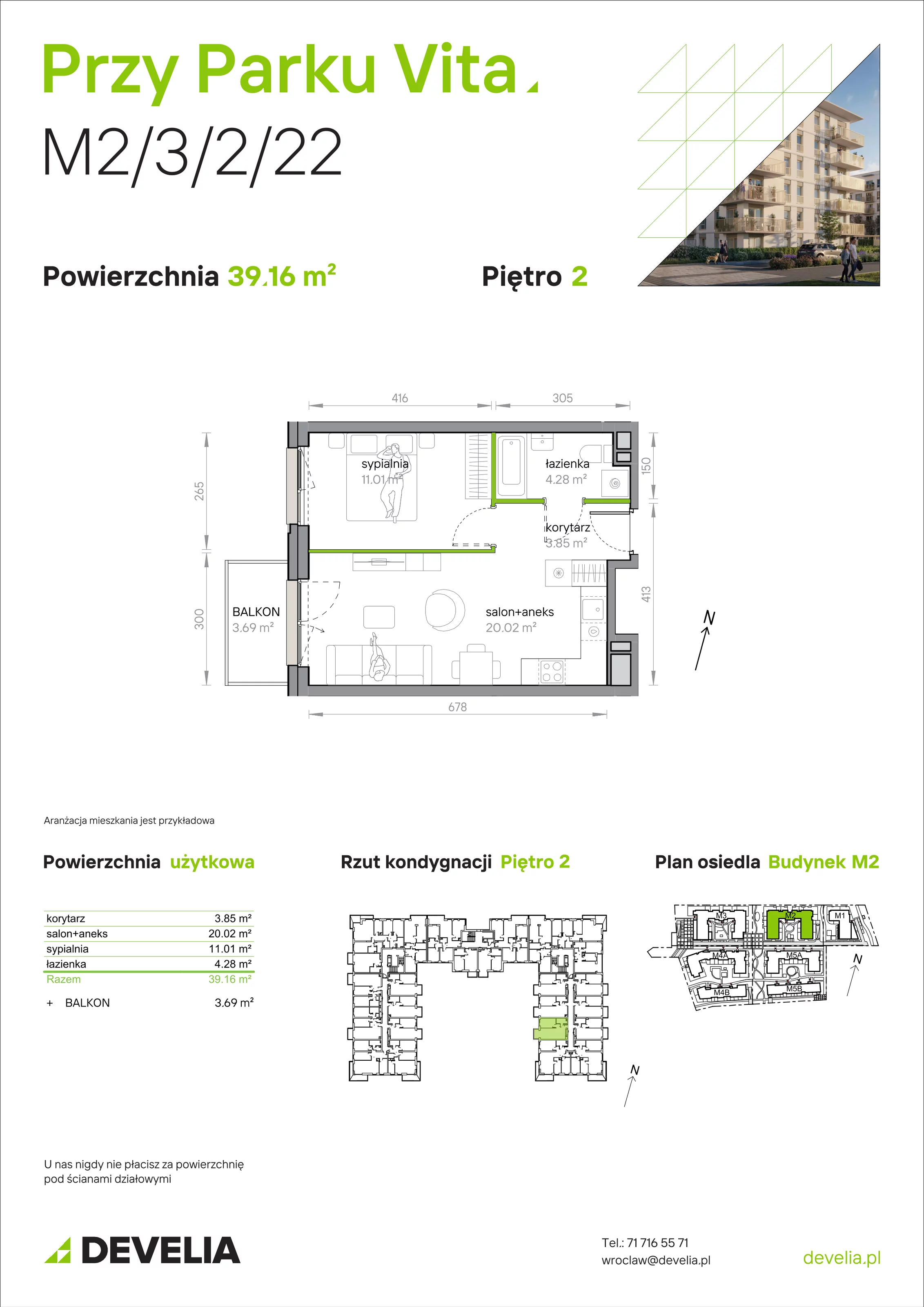 2 pokoje, mieszkanie 39,16 m², piętro 2, oferta nr M2/3/2/22, Przy Parku Vita, Wrocław, Tarnogaj, Krzyki, ul. Międzyleska 2