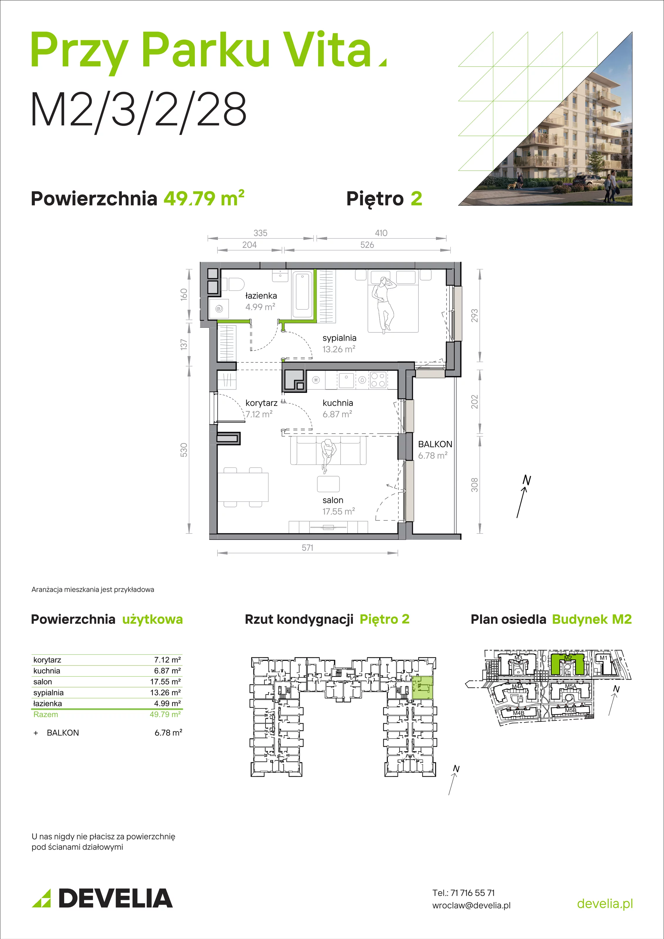 2 pokoje, mieszkanie 49,79 m², piętro 2, oferta nr M2/3/2/28, Przy Parku Vita, Wrocław, Tarnogaj, Krzyki, ul. Międzyleska 2