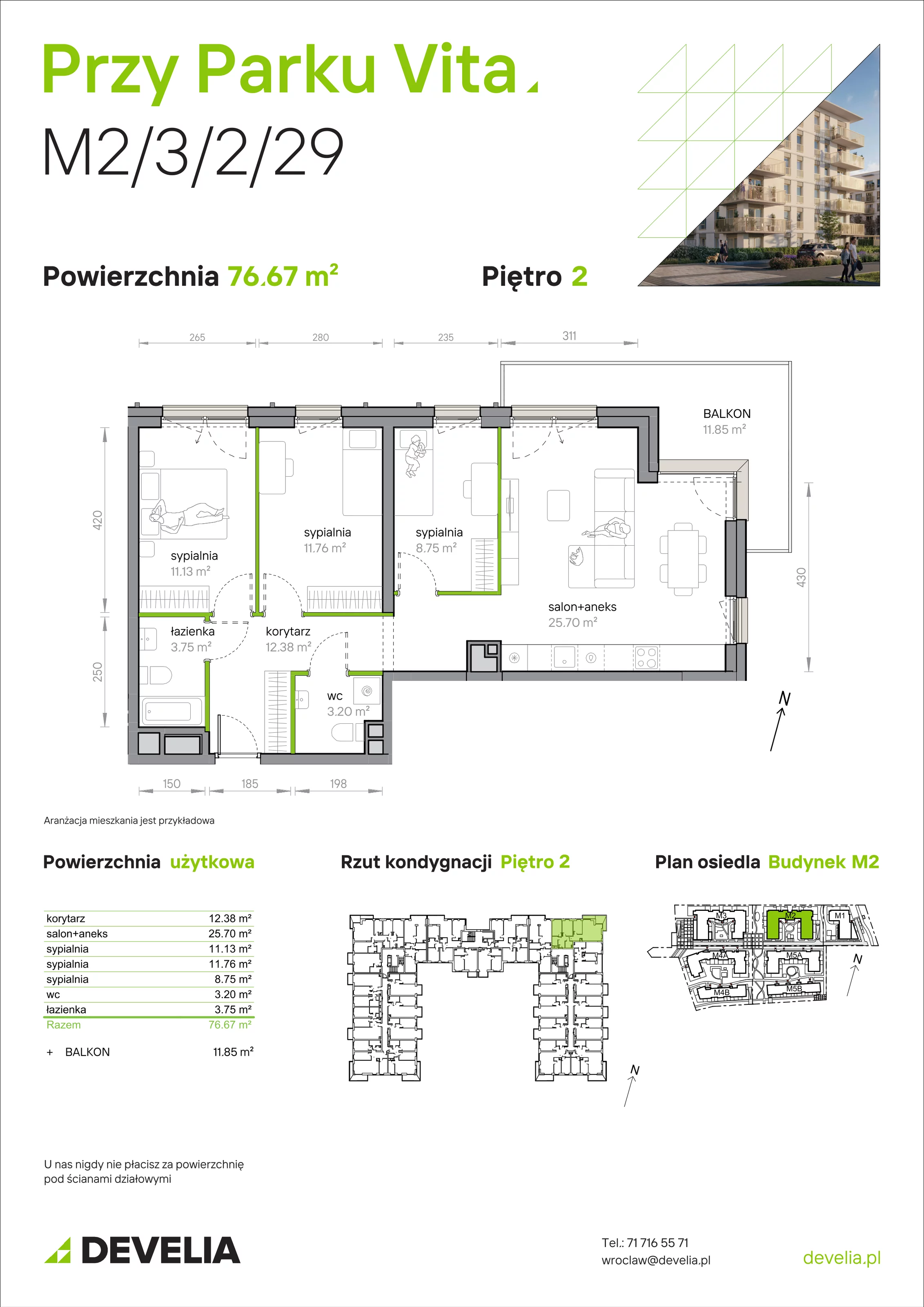 4 pokoje, mieszkanie 76,67 m², piętro 2, oferta nr M2/3/2/29, Przy Parku Vita, Wrocław, Tarnogaj, Krzyki, ul. Międzyleska 2