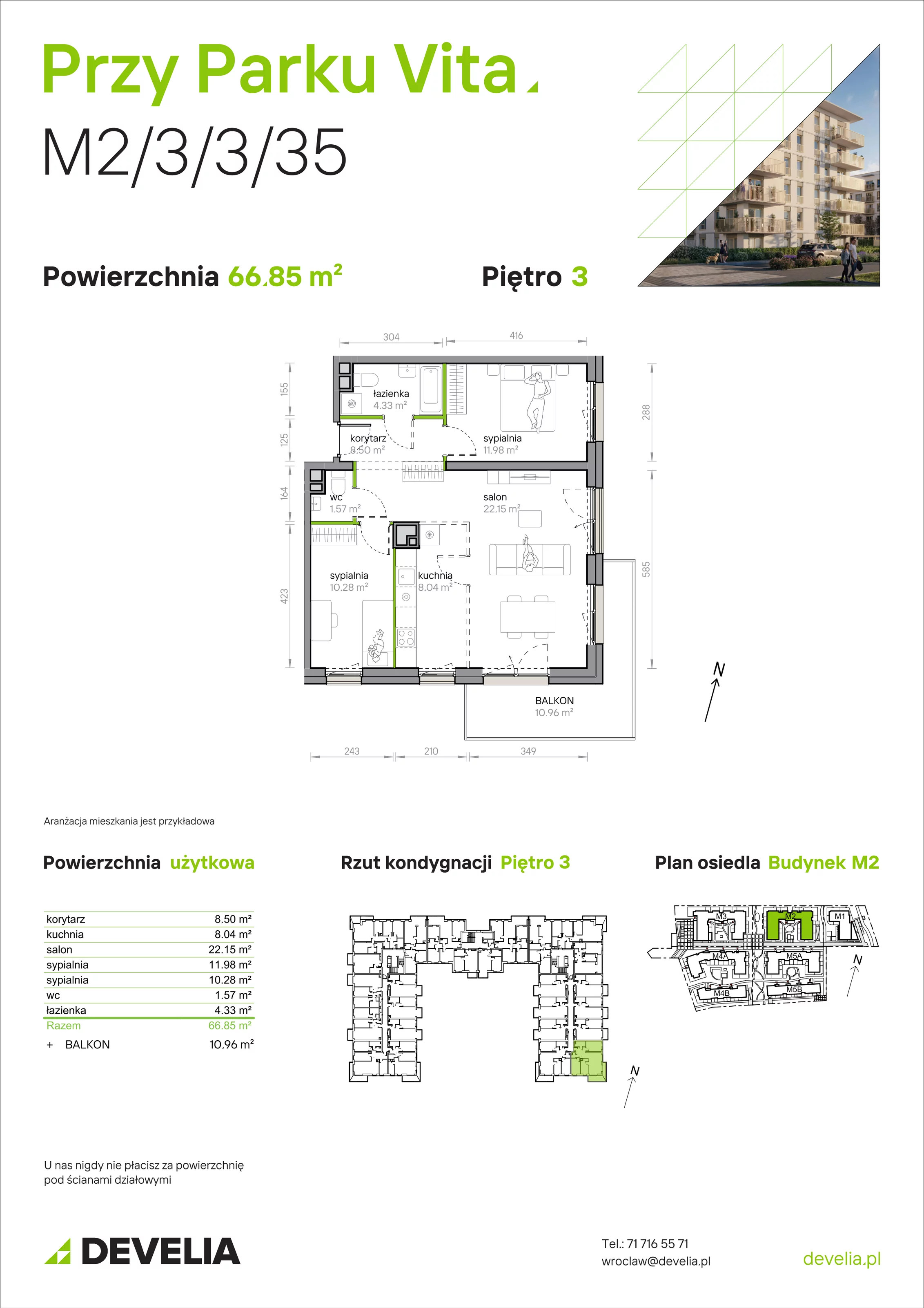 3 pokoje, mieszkanie 66,85 m², piętro 3, oferta nr M2/3/3/35, Przy Parku Vita, Wrocław, Tarnogaj, Krzyki, ul. Międzyleska 2