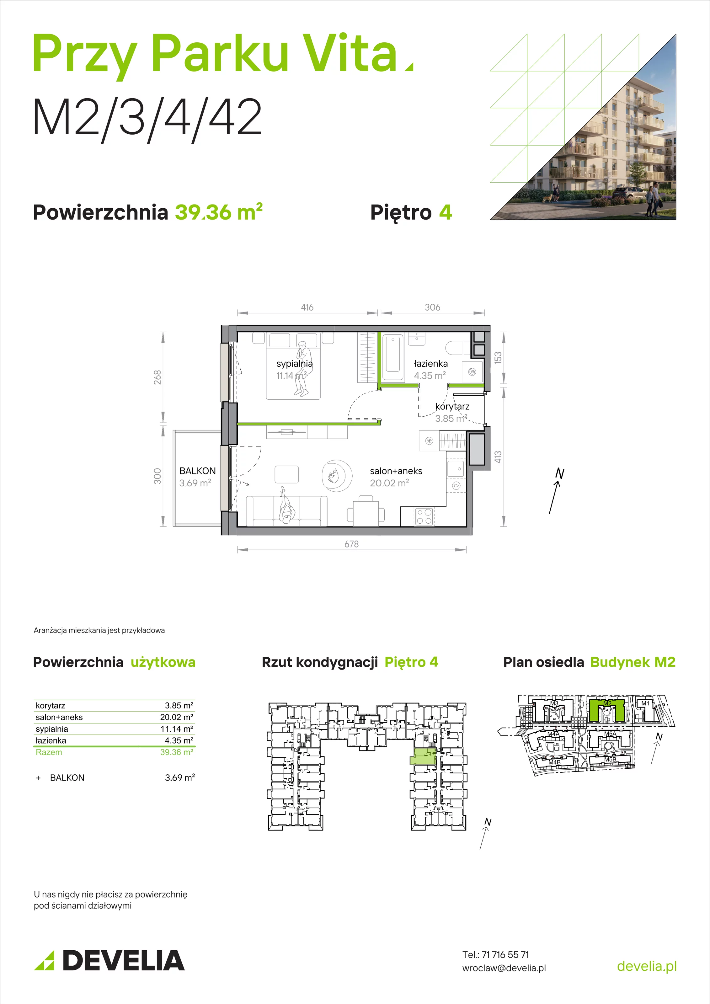 2 pokoje, mieszkanie 39,36 m², piętro 4, oferta nr M2/3/4/42, Przy Parku Vita, Wrocław, Tarnogaj, Krzyki, ul. Międzyleska 2