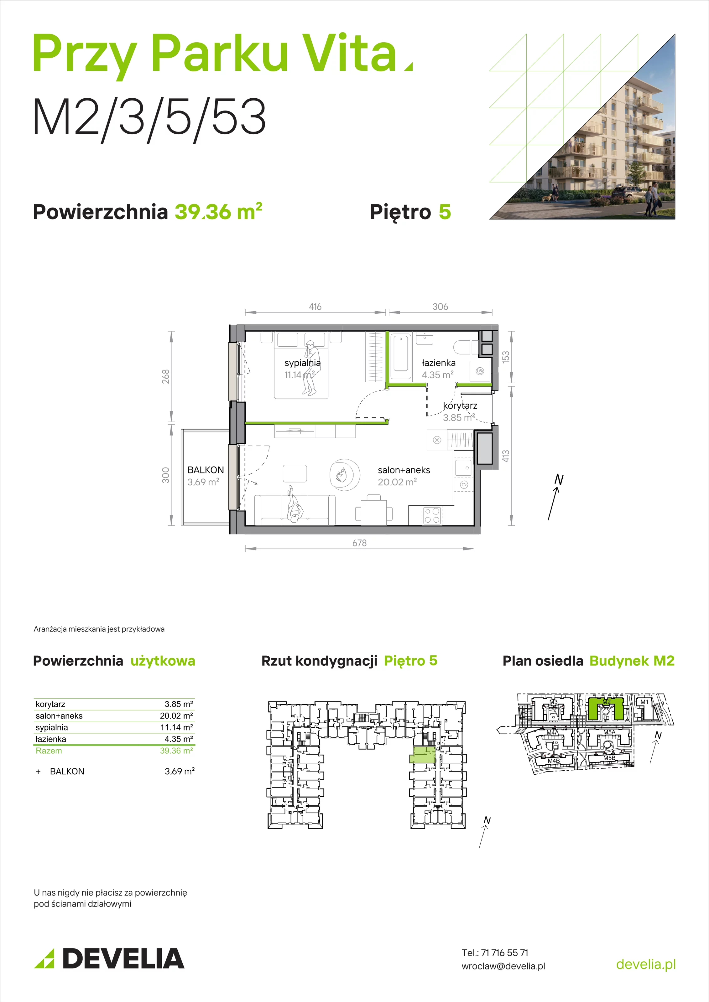 2 pokoje, mieszkanie 39,36 m², piętro 5, oferta nr M2/3/5/53, Przy Parku Vita, Wrocław, Tarnogaj, Krzyki, ul. Międzyleska 2