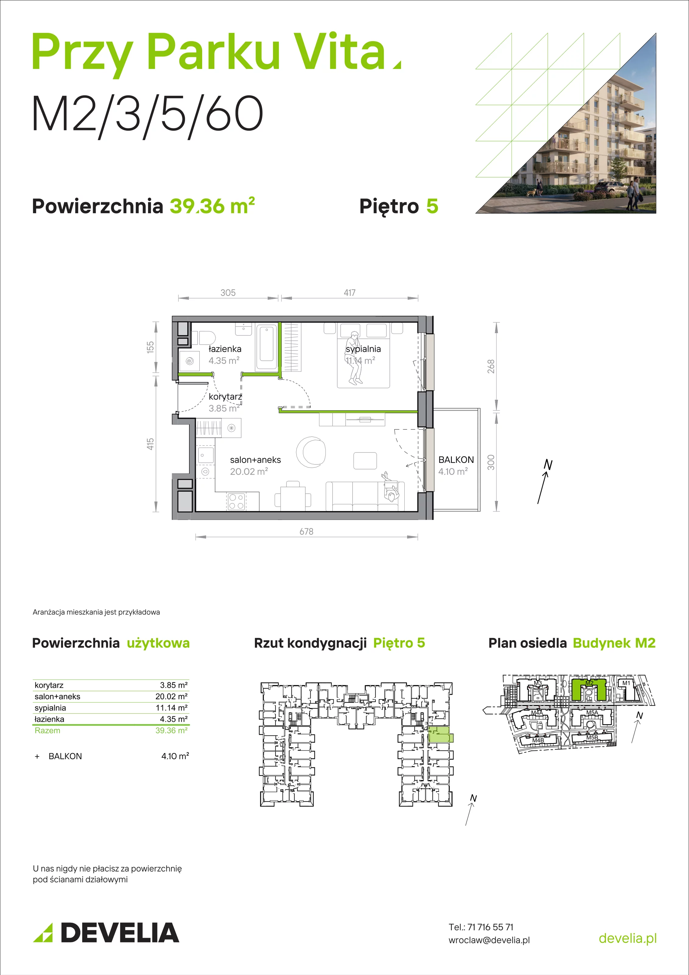 2 pokoje, mieszkanie 39,36 m², piętro 5, oferta nr M2/3/5/60, Przy Parku Vita, Wrocław, Tarnogaj, Krzyki, ul. Międzyleska 2