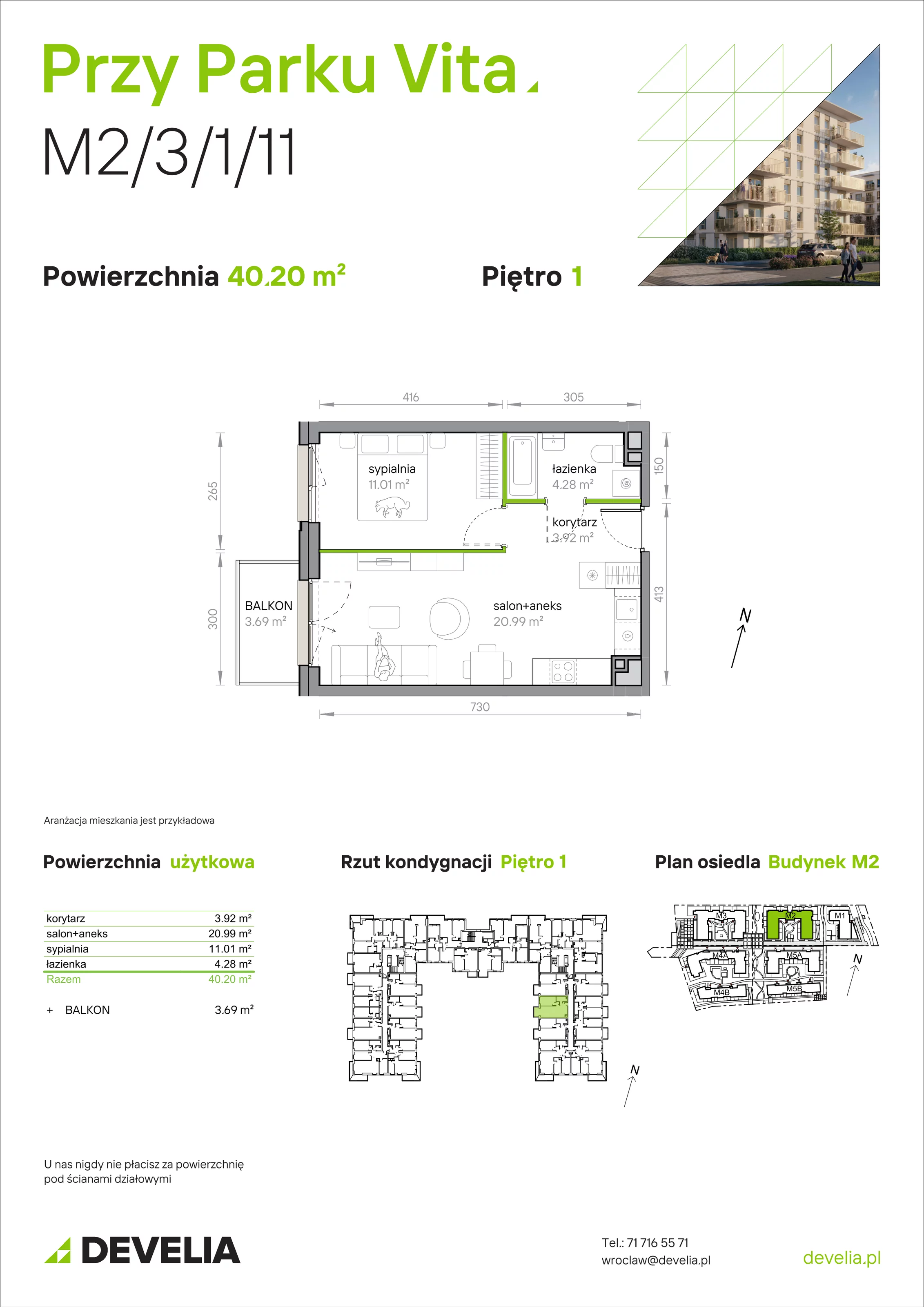 2 pokoje, mieszkanie 40,20 m², piętro 1, oferta nr M2/3/1/11, Przy Parku Vita, Wrocław, Tarnogaj, Krzyki, ul. Międzyleska 2