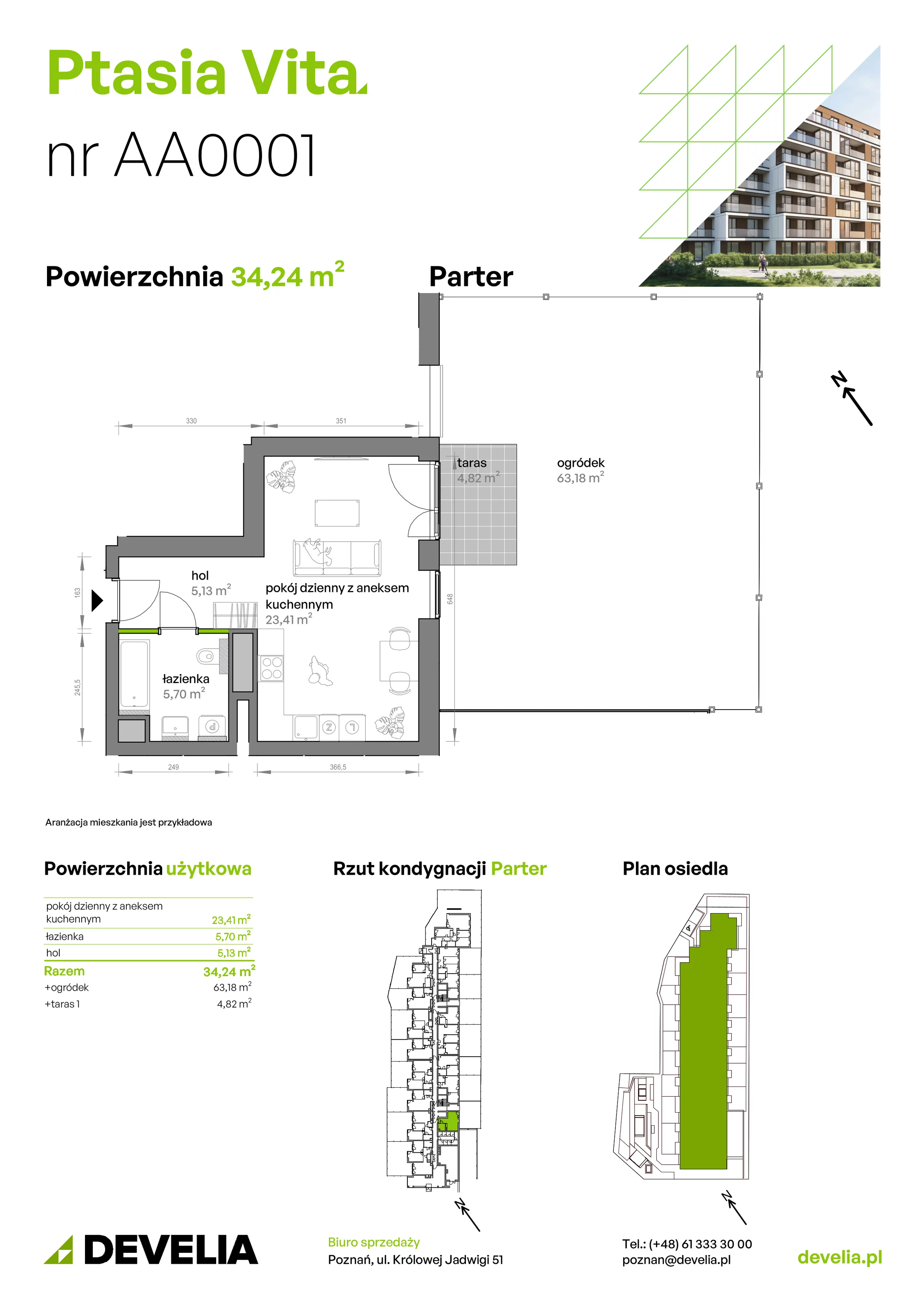 1 pokój, mieszkanie 34,24 m², parter, oferta nr AA.00.01, Ptasia Vita, Poznań, Grunwald, Grunwald Południe, ul. Ptasia 32
