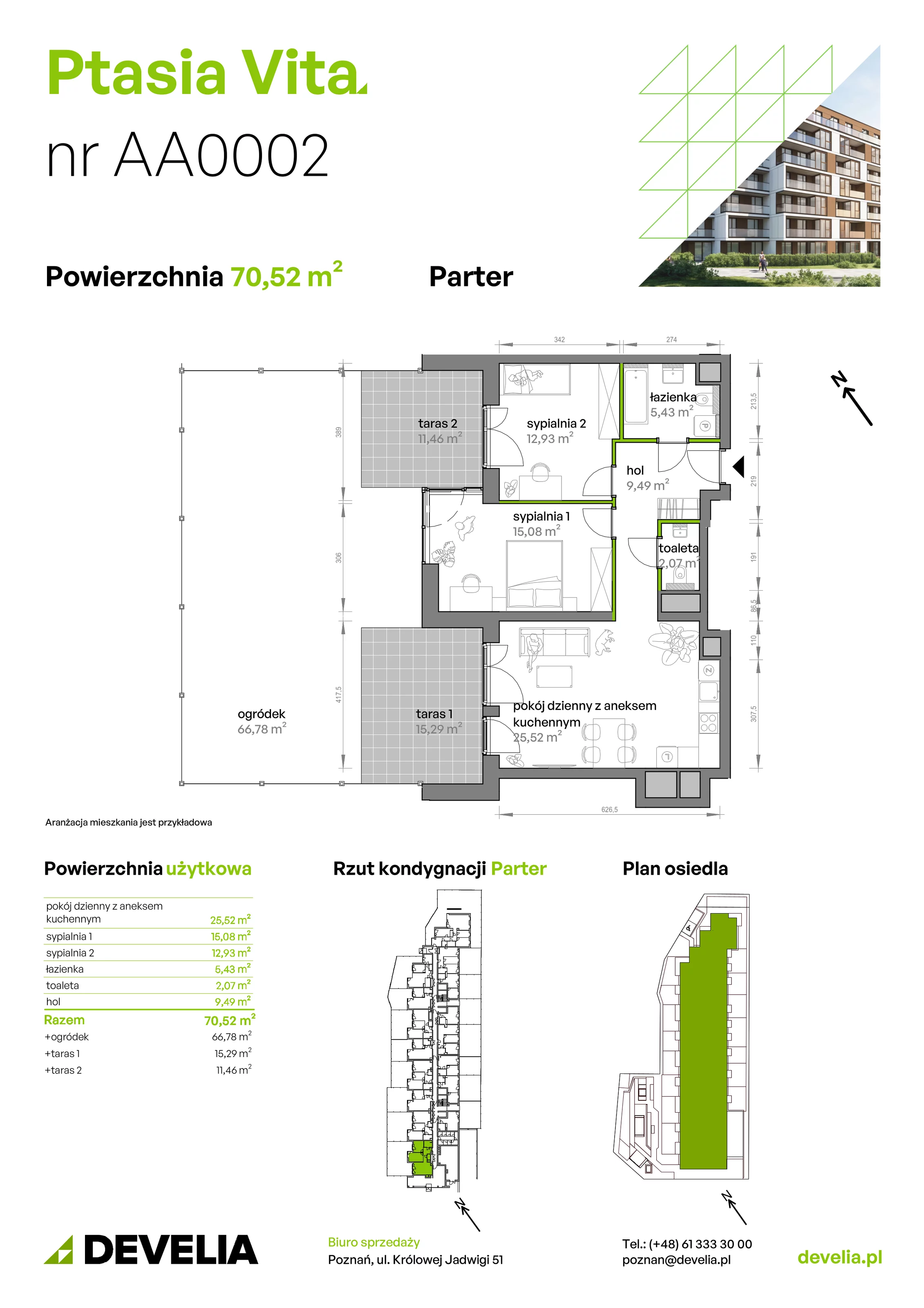 3 pokoje, mieszkanie 70,52 m², parter, oferta nr AA.00.02, Ptasia Vita, Poznań, Grunwald, Grunwald Południe, ul. Ptasia 32