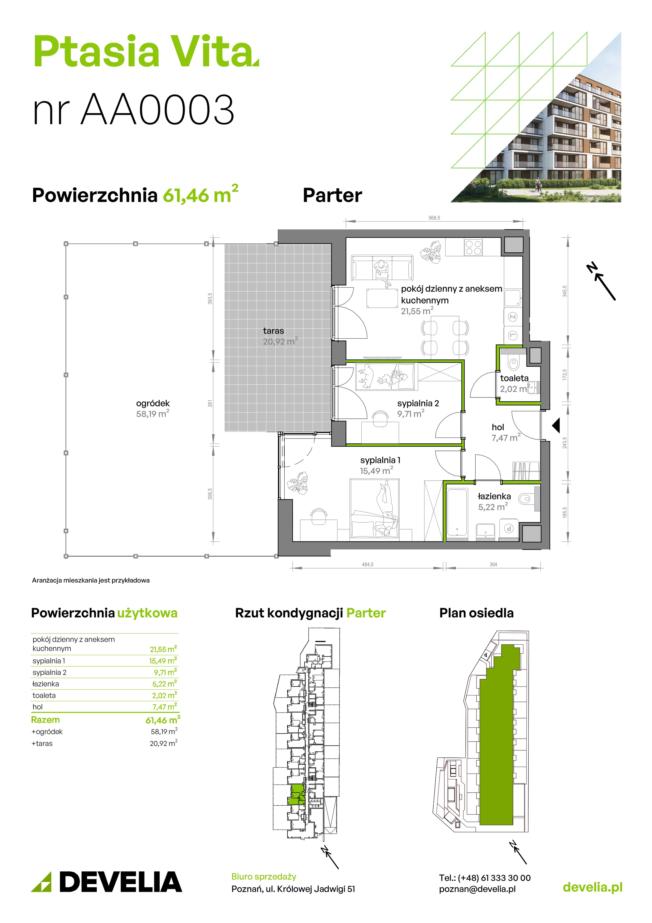 3 pokoje, mieszkanie 61,46 m², parter, oferta nr AA.00.03, Ptasia Vita, Poznań, Grunwald, Grunwald Południe, ul. Ptasia 32