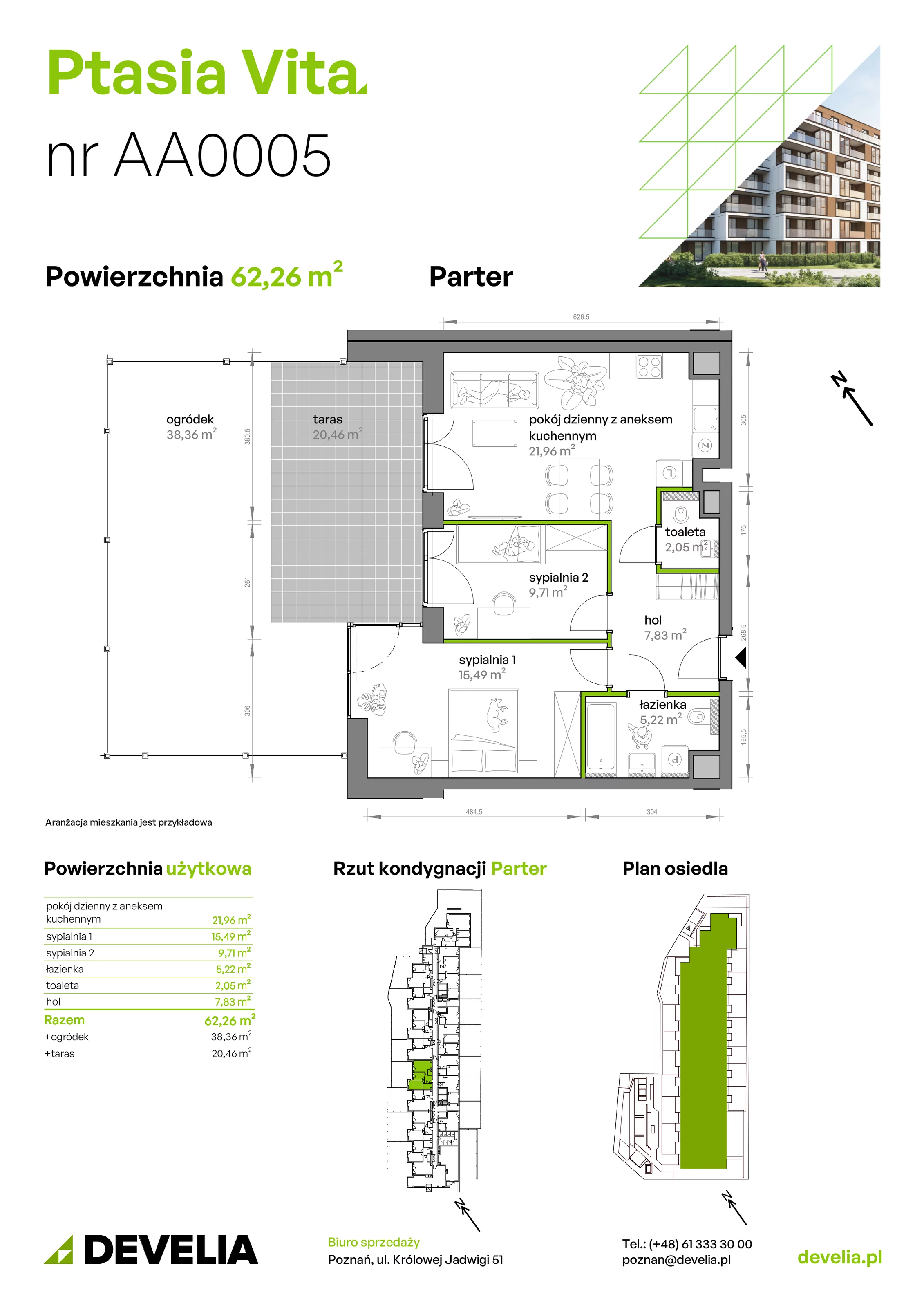3 pokoje, mieszkanie 62,26 m², parter, oferta nr AA.00.05, Ptasia Vita, Poznań, Grunwald, Grunwald Południe, ul. Ptasia 32