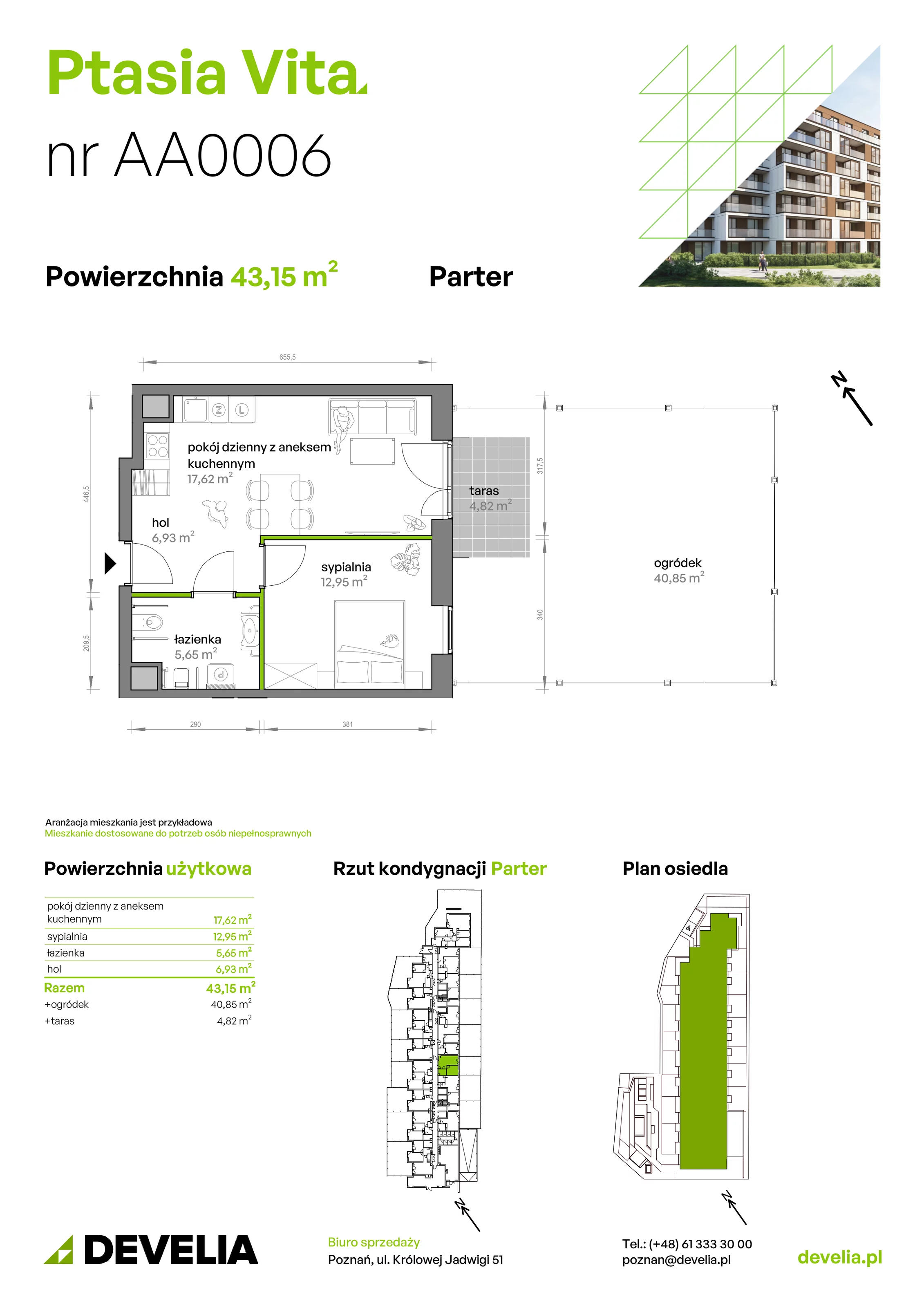 2 pokoje, mieszkanie 43,15 m², parter, oferta nr AA.00.06, Ptasia Vita, Poznań, Grunwald, Grunwald Południe, ul. Ptasia 32