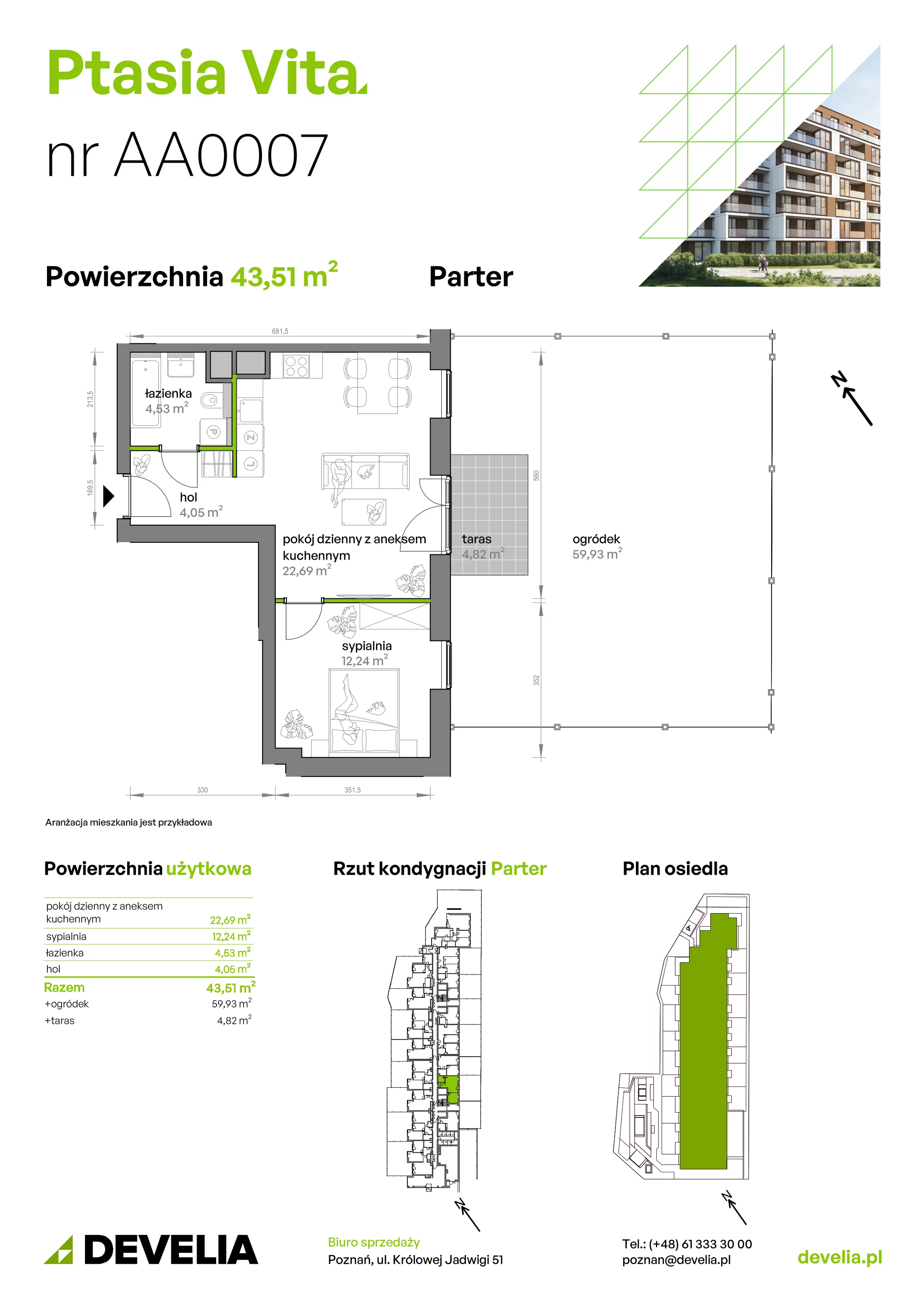 2 pokoje, mieszkanie 43,51 m², parter, oferta nr AA.00.07, Ptasia Vita, Poznań, Grunwald, Grunwald Południe, ul. Ptasia 32