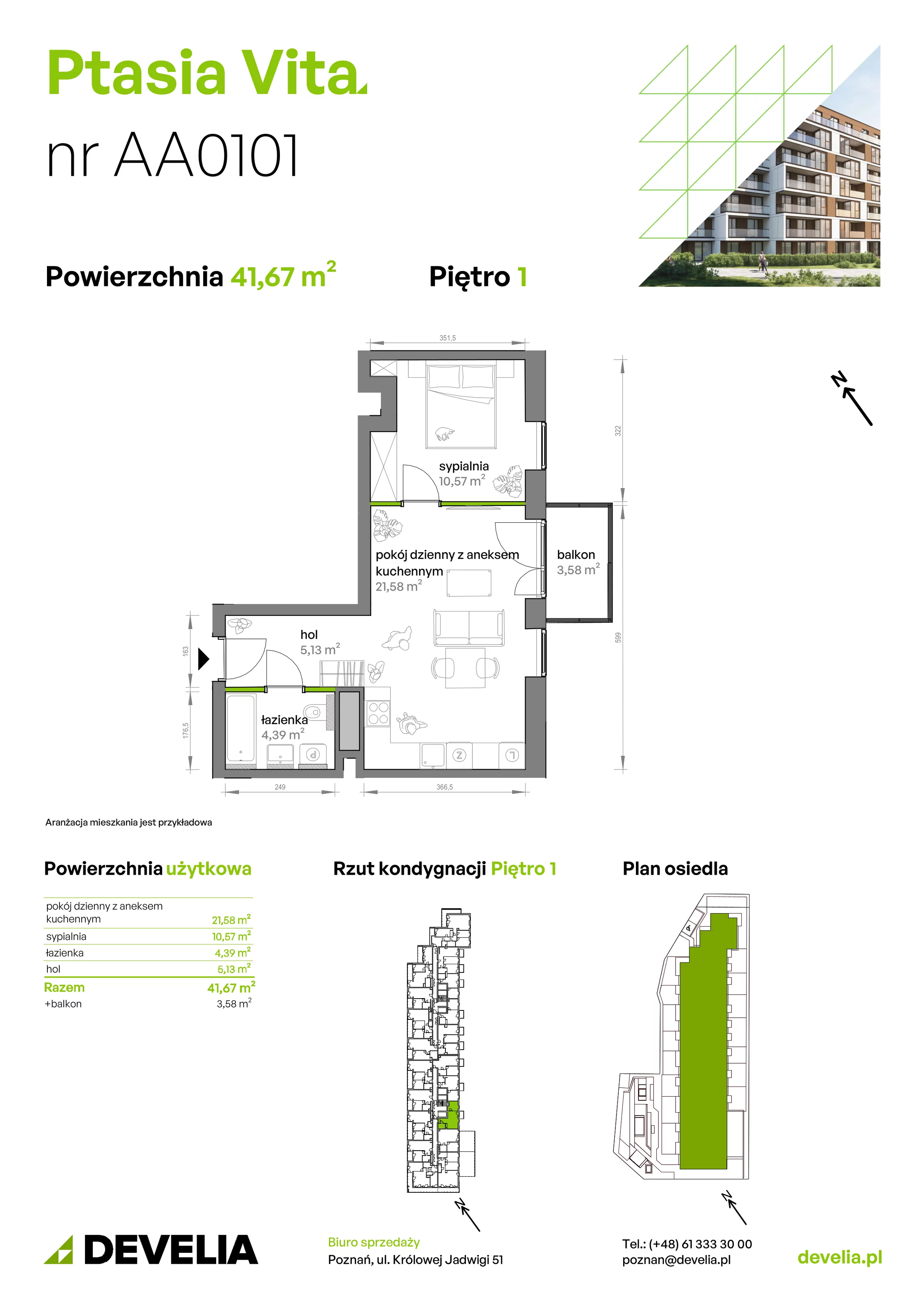 2 pokoje, mieszkanie 41,67 m², piętro 1, oferta nr AA.01.01, Ptasia Vita, Poznań, Grunwald, Grunwald Południe, ul. Ptasia 32