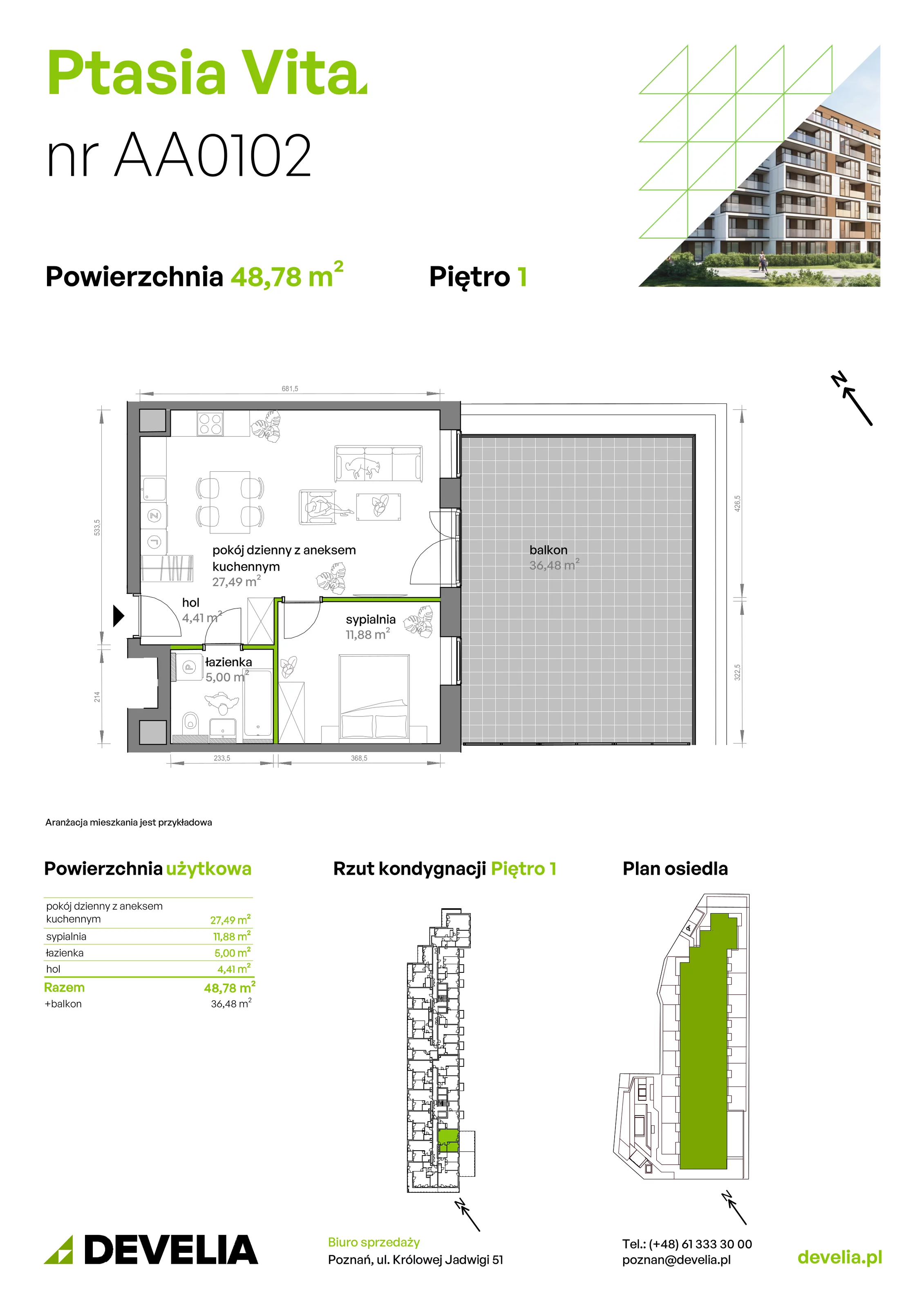 2 pokoje, mieszkanie 48,78 m², piętro 1, oferta nr AA.01.02, Ptasia Vita, Poznań, Grunwald, Grunwald Południe, ul. Ptasia 32
