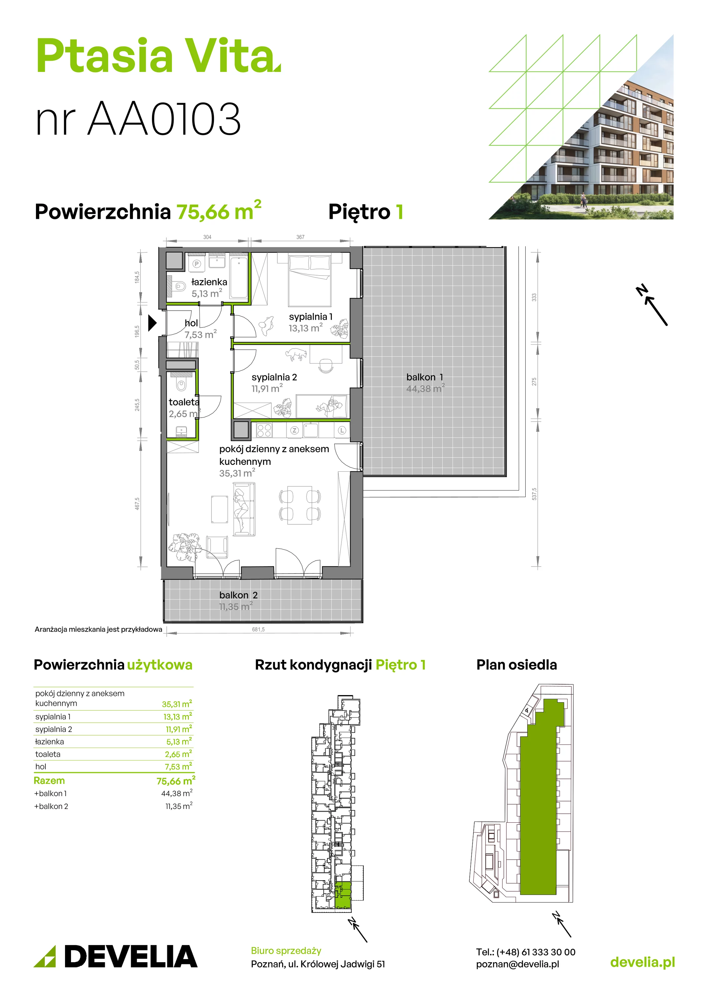 3 pokoje, mieszkanie 75,66 m², piętro 1, oferta nr AA.01.03, Ptasia Vita, Poznań, Grunwald, Grunwald Południe, ul. Ptasia 32