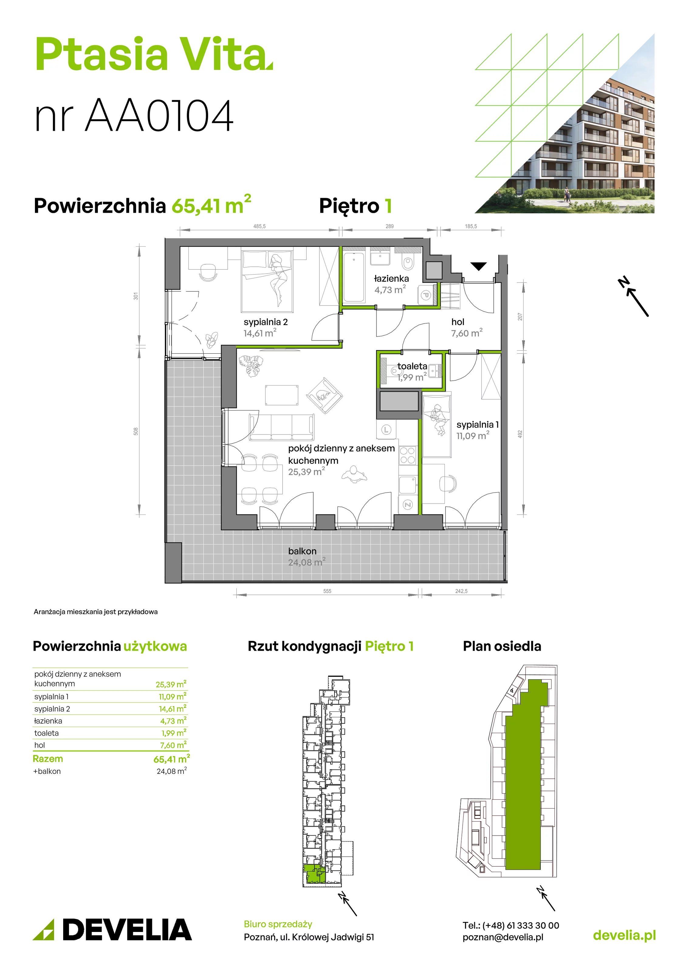 3 pokoje, mieszkanie 65,41 m², piętro 1, oferta nr AA.01.04, Ptasia Vita, Poznań, Grunwald, Grunwald Południe, ul. Ptasia 32