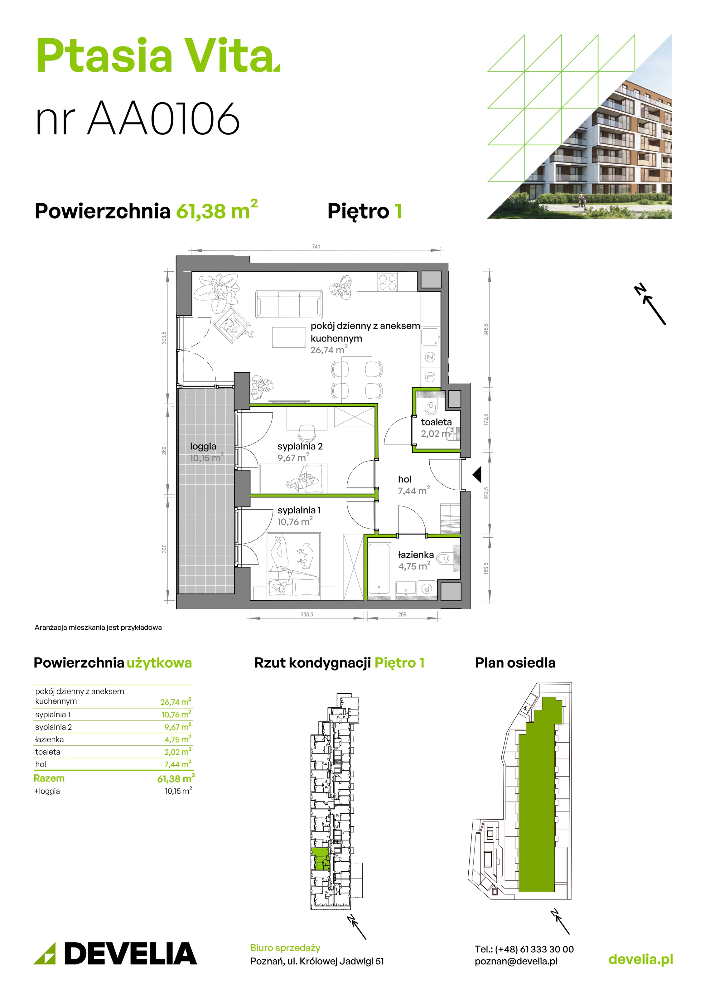 3 pokoje, mieszkanie 61,38 m², piętro 1, oferta nr AA.01.06, Ptasia Vita, Poznań, Grunwald, Grunwald Południe, ul. Ptasia 32