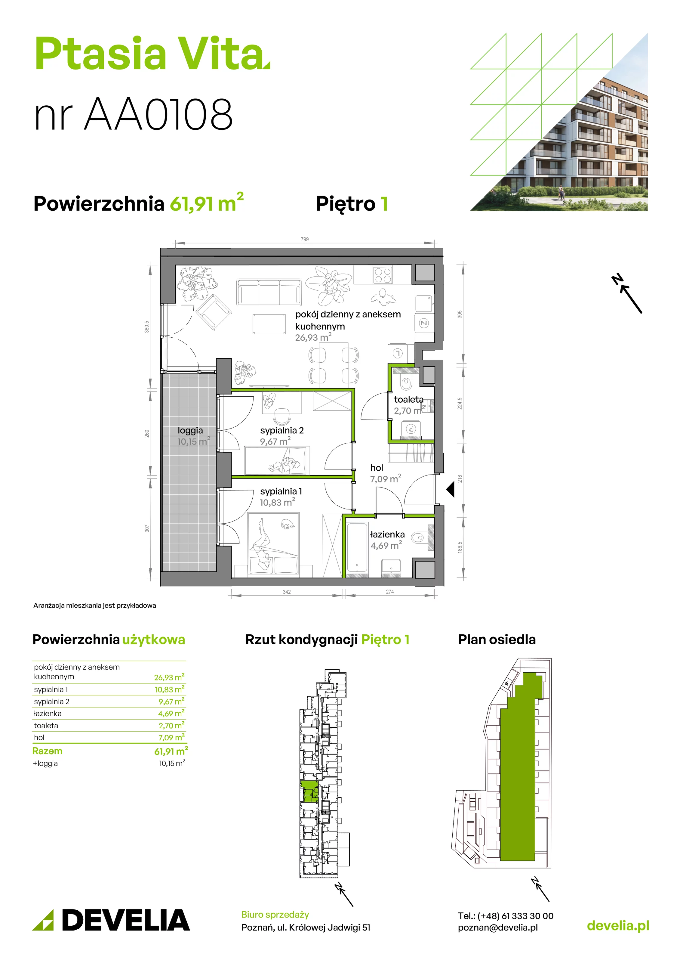3 pokoje, mieszkanie 61,91 m², piętro 1, oferta nr AA.01.08, Ptasia Vita, Poznań, Grunwald, Grunwald Południe, ul. Ptasia 32