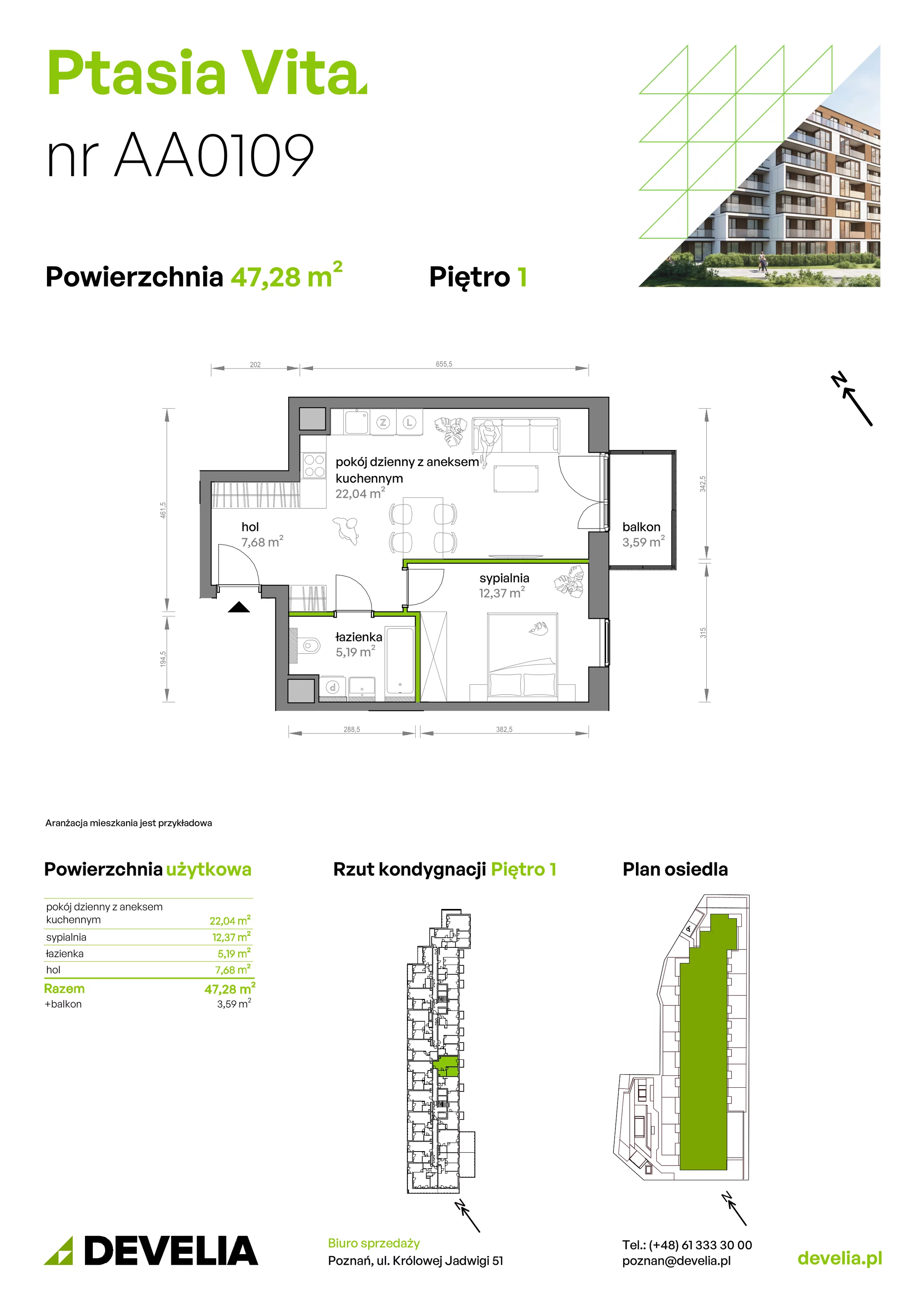 2 pokoje, mieszkanie 47,28 m², piętro 1, oferta nr AA.01.09, Ptasia Vita, Poznań, Grunwald, Grunwald Południe, ul. Ptasia 32