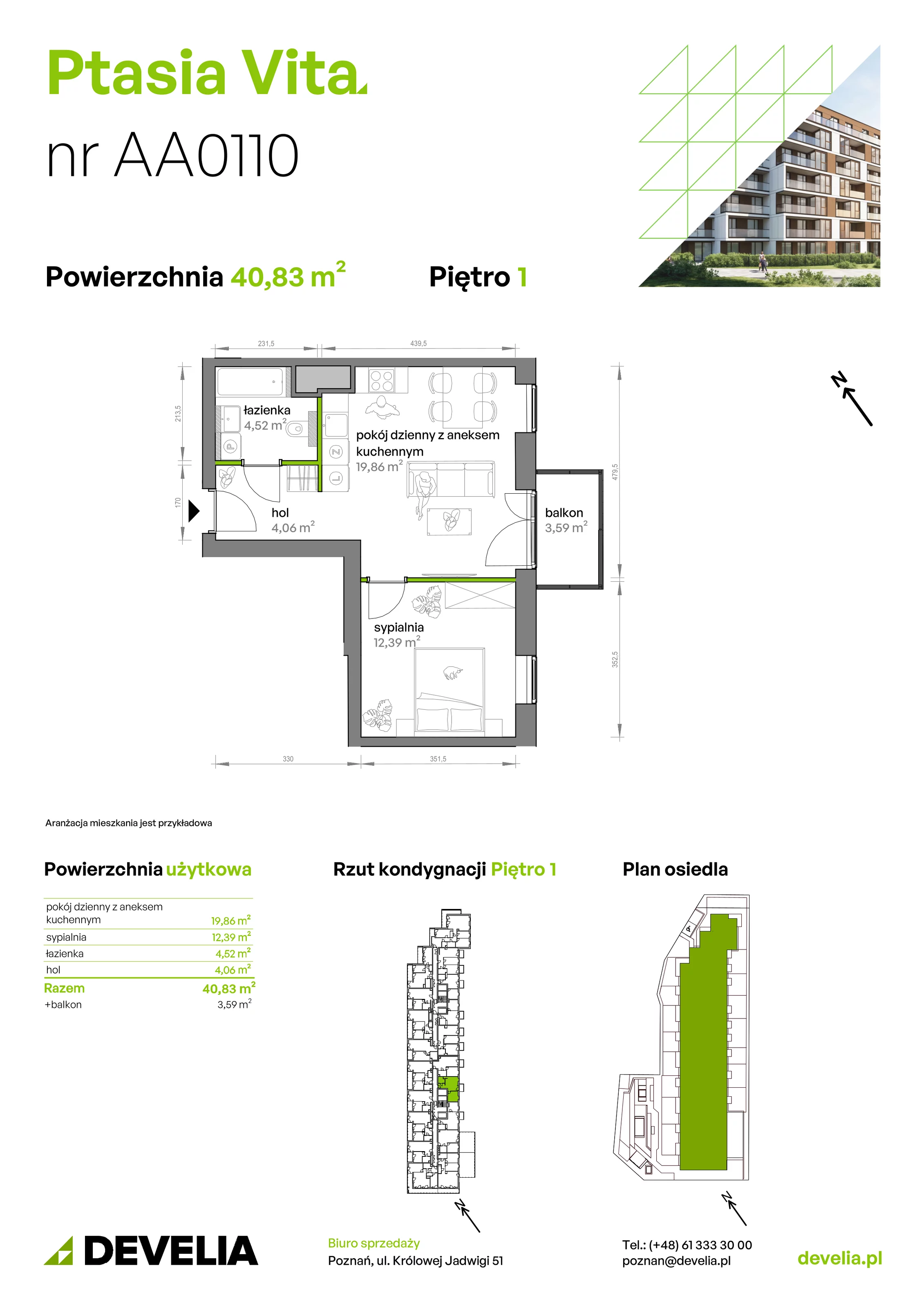 2 pokoje, mieszkanie 40,83 m², piętro 1, oferta nr AA.01.10, Ptasia Vita, Poznań, Grunwald, Grunwald Południe, ul. Ptasia 32