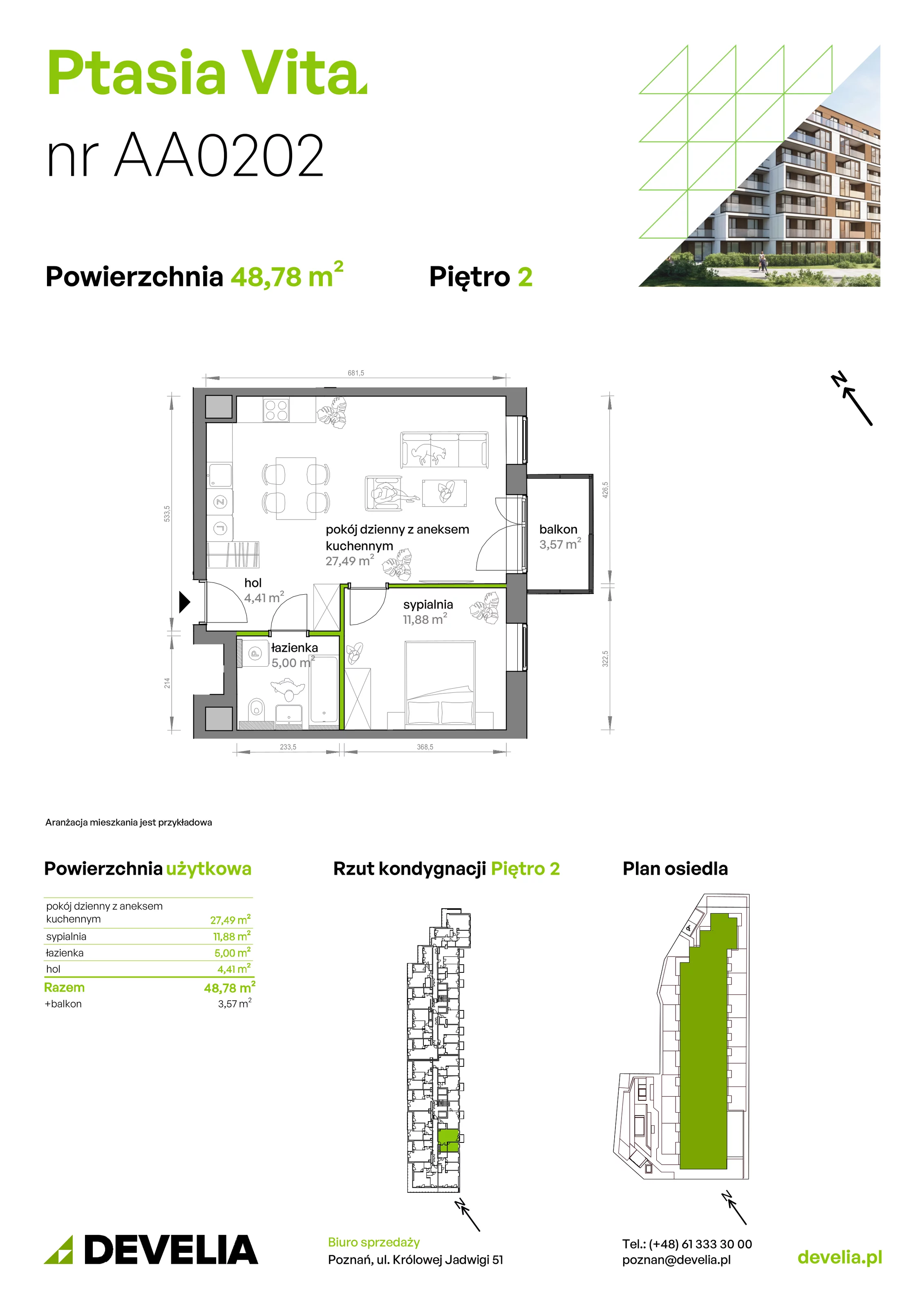 2 pokoje, mieszkanie 48,78 m², piętro 2, oferta nr AA.02.02, Ptasia Vita, Poznań, Grunwald, Grunwald Południe, ul. Ptasia 32