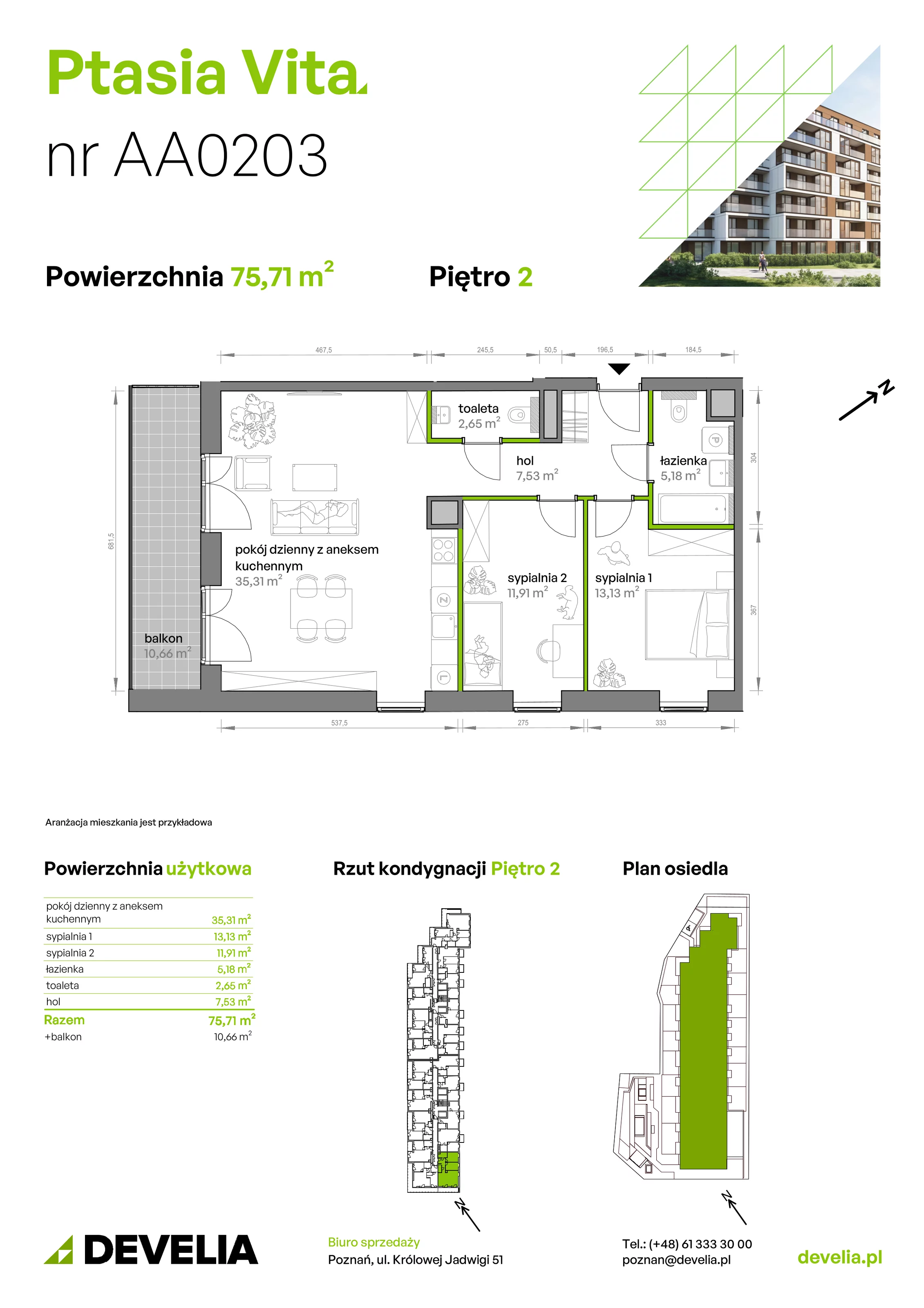 3 pokoje, mieszkanie 75,71 m², piętro 2, oferta nr AA.02.03, Ptasia Vita, Poznań, Grunwald, Grunwald Południe, ul. Ptasia 32