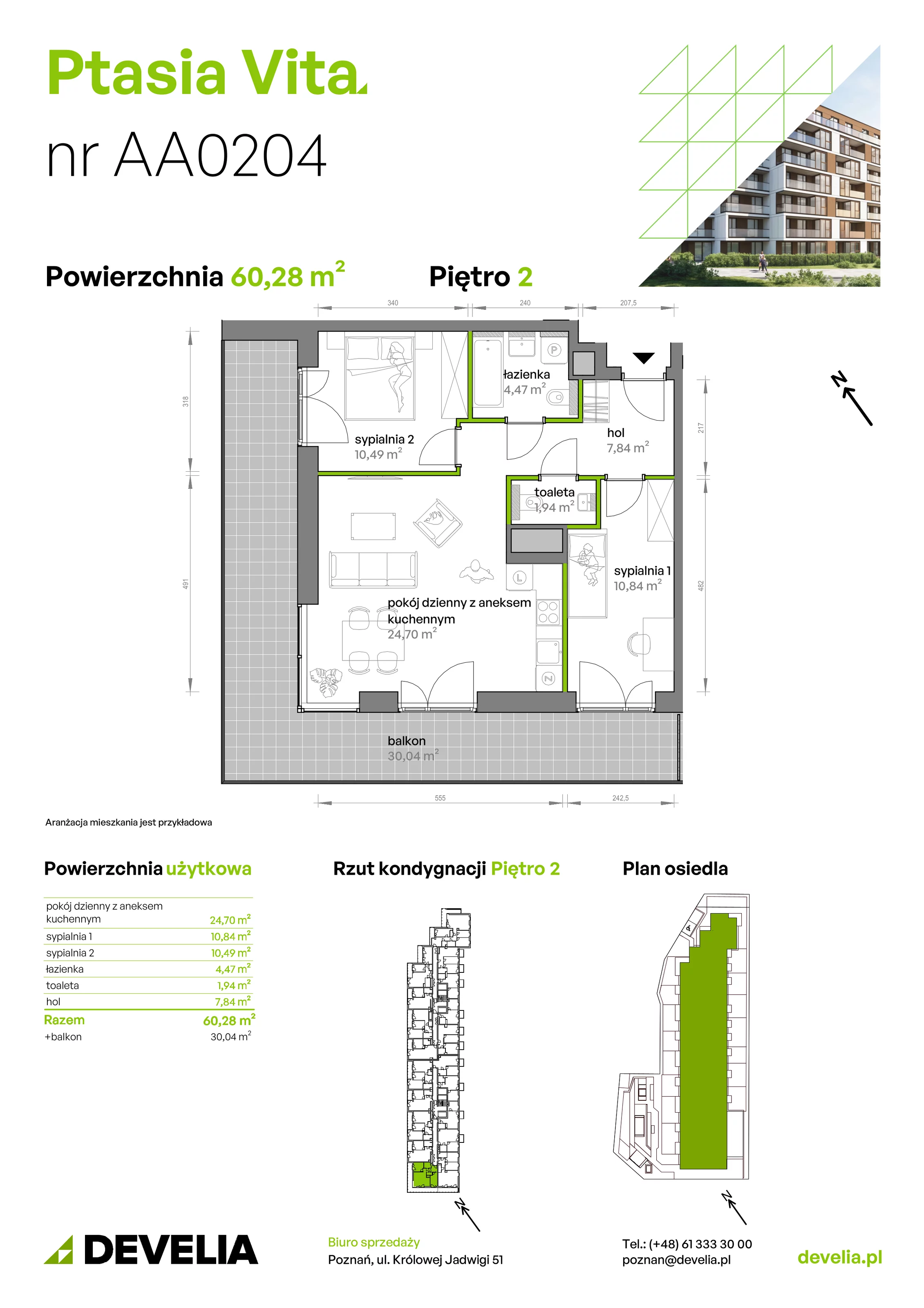 3 pokoje, mieszkanie 60,28 m², piętro 2, oferta nr AA.02.04, Ptasia Vita, Poznań, Grunwald, Grunwald Południe, ul. Ptasia 32