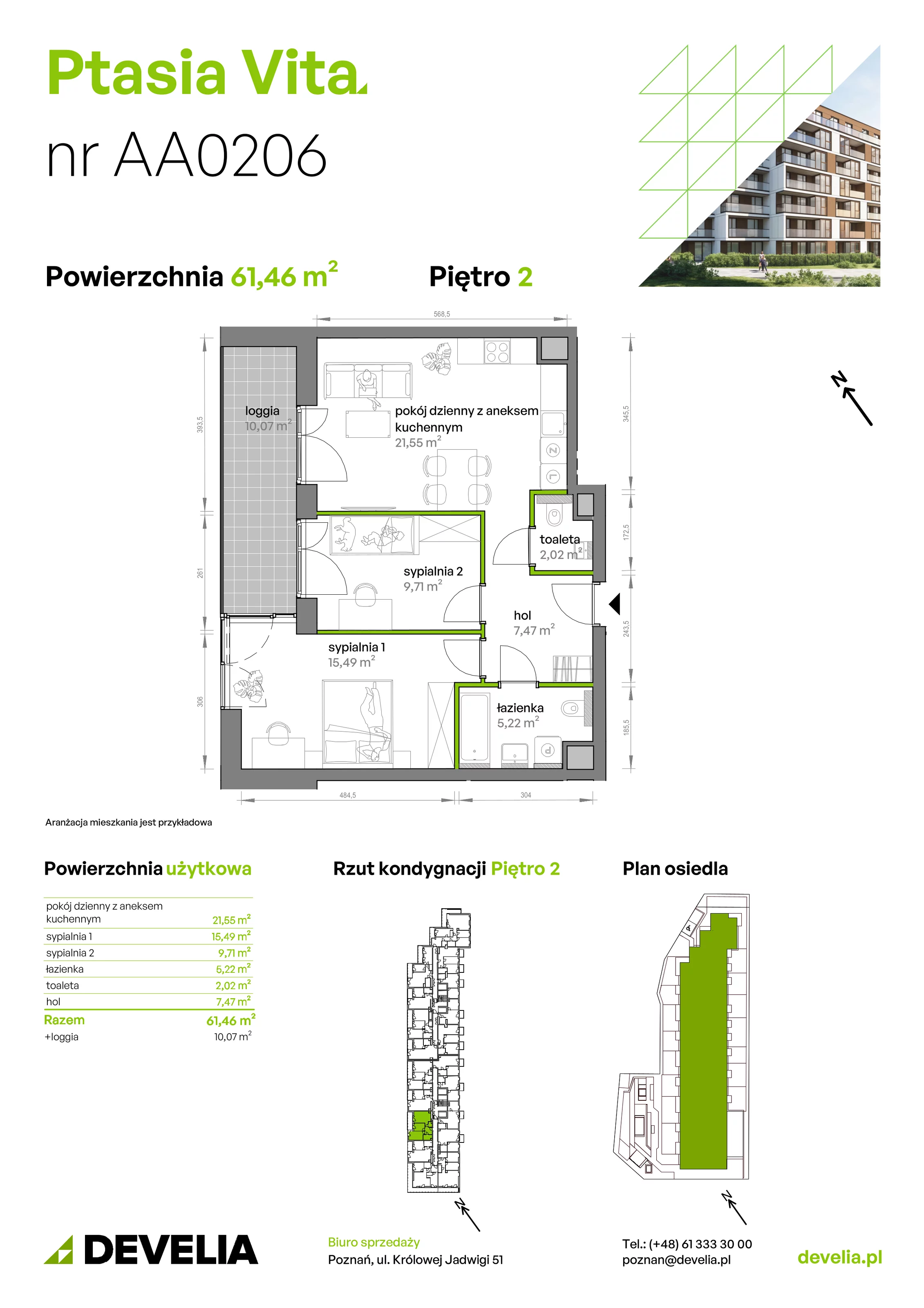 3 pokoje, mieszkanie 61,46 m², piętro 2, oferta nr AA.02.06, Ptasia Vita, Poznań, Grunwald, Grunwald Południe, ul. Ptasia 32