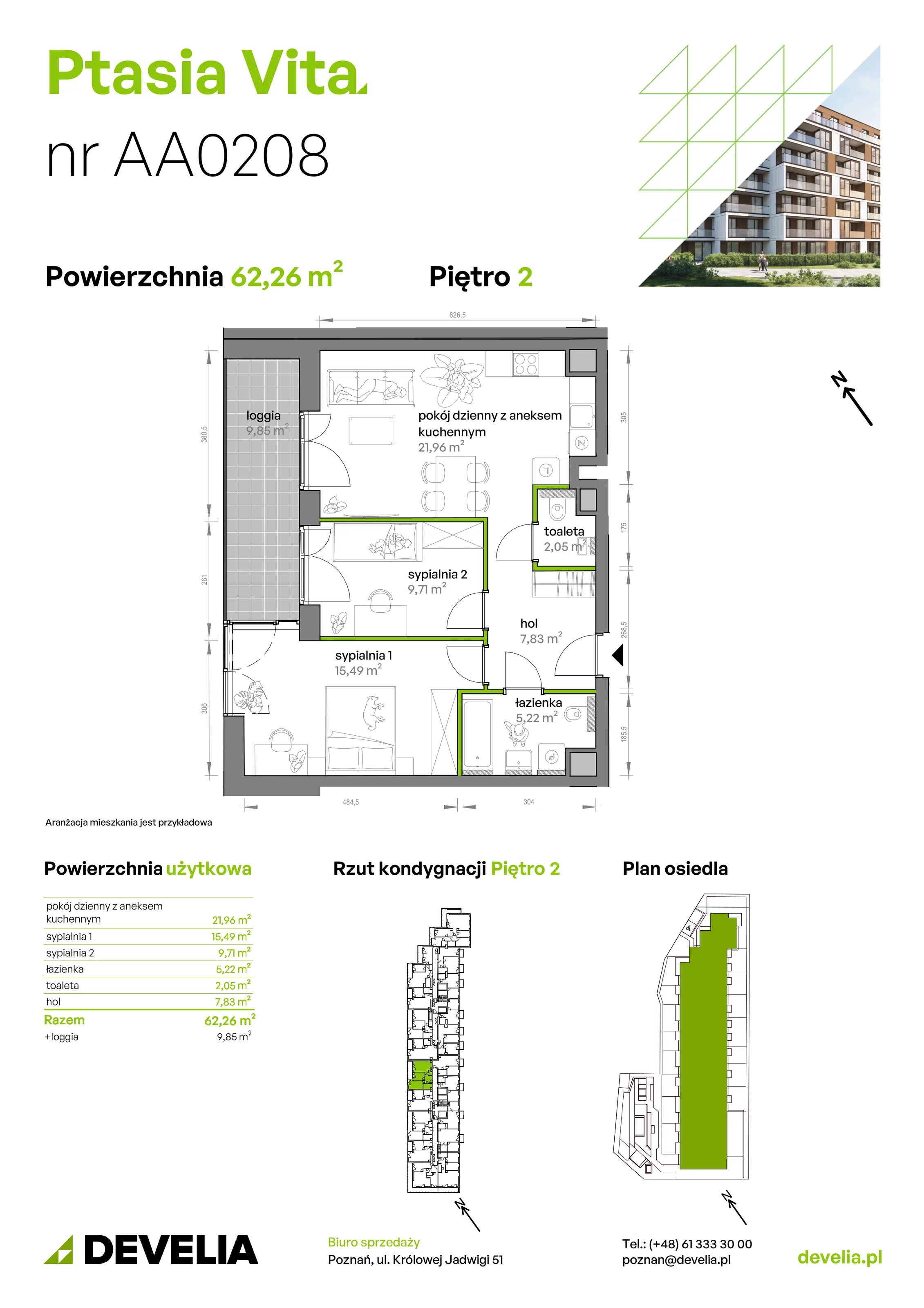 3 pokoje, mieszkanie 62,26 m², piętro 2, oferta nr AA.02.08, Ptasia Vita, Poznań, Grunwald, Grunwald Południe, ul. Ptasia 32