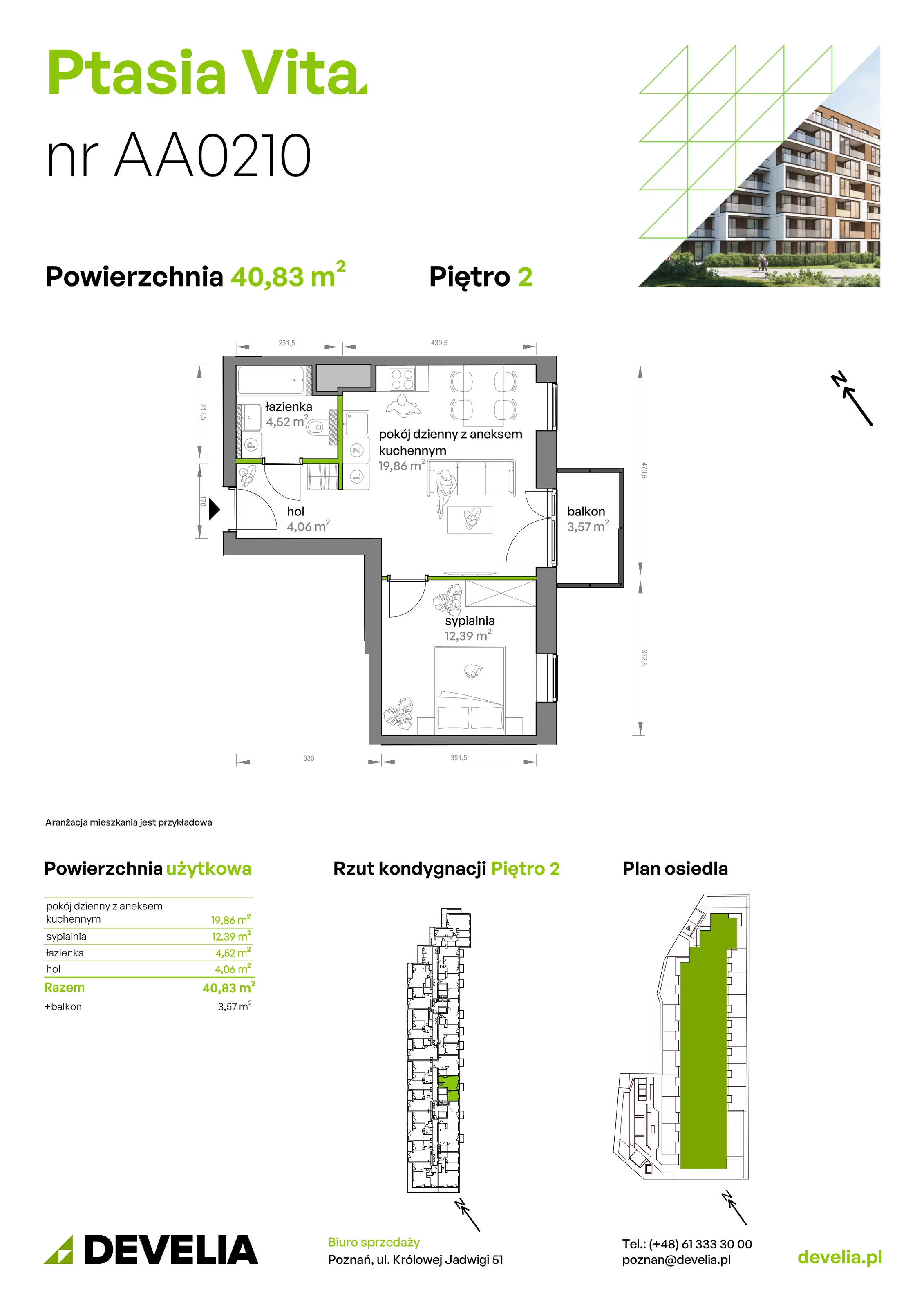 2 pokoje, mieszkanie 40,83 m², piętro 2, oferta nr AA.02.10, Ptasia Vita, Poznań, Grunwald, Grunwald Południe, ul. Ptasia 32