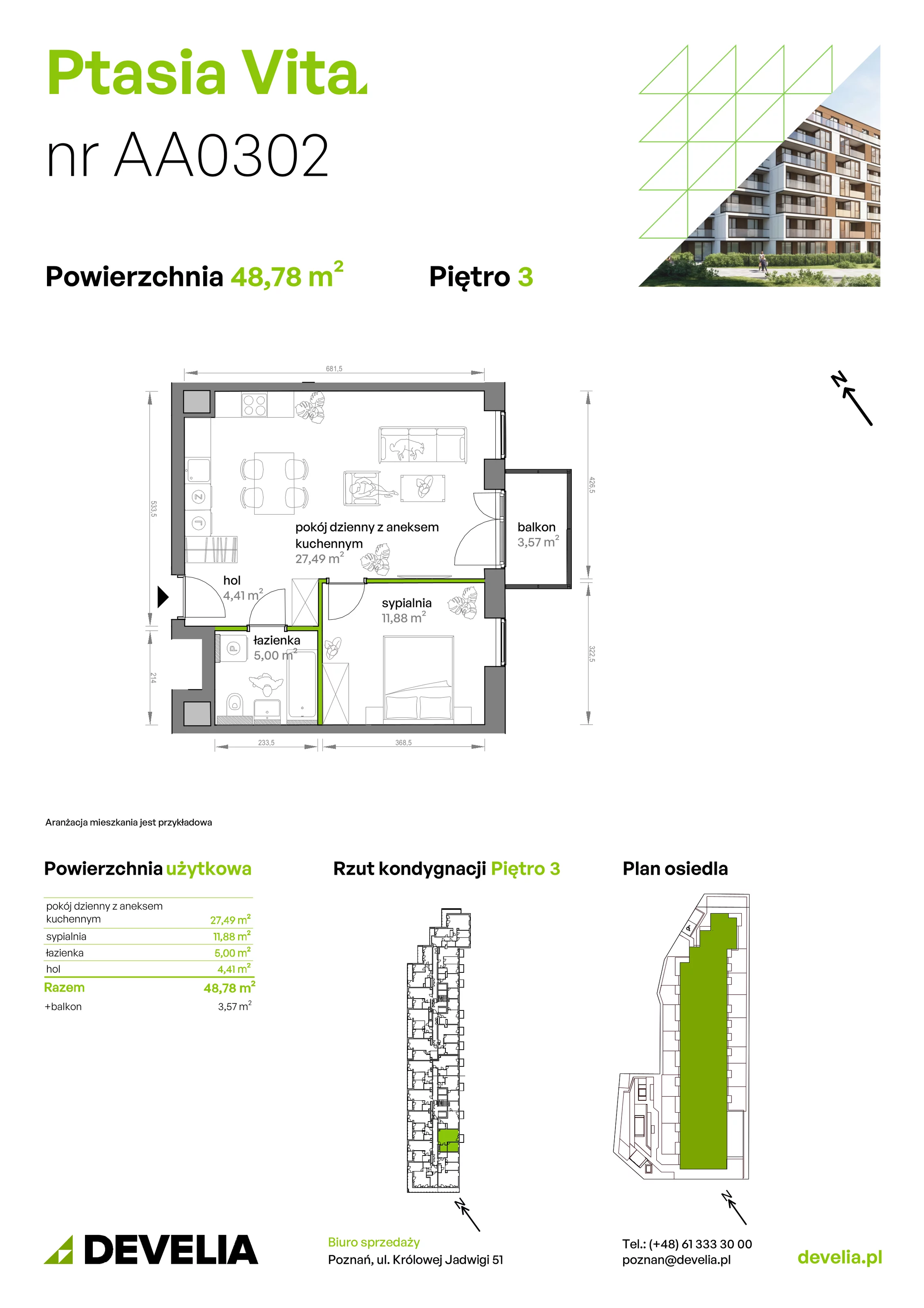 2 pokoje, mieszkanie 48,78 m², piętro 3, oferta nr AA.03.02, Ptasia Vita, Poznań, Grunwald, Grunwald Południe, ul. Ptasia 32