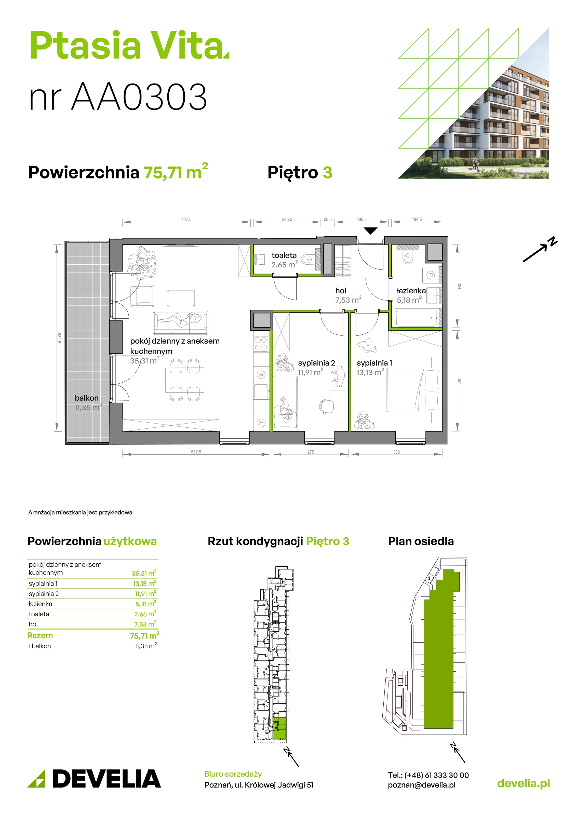 3 pokoje, mieszkanie 75,71 m², piętro 3, oferta nr AA.03.03, Ptasia Vita, Poznań, Grunwald, Grunwald Południe, ul. Ptasia 32