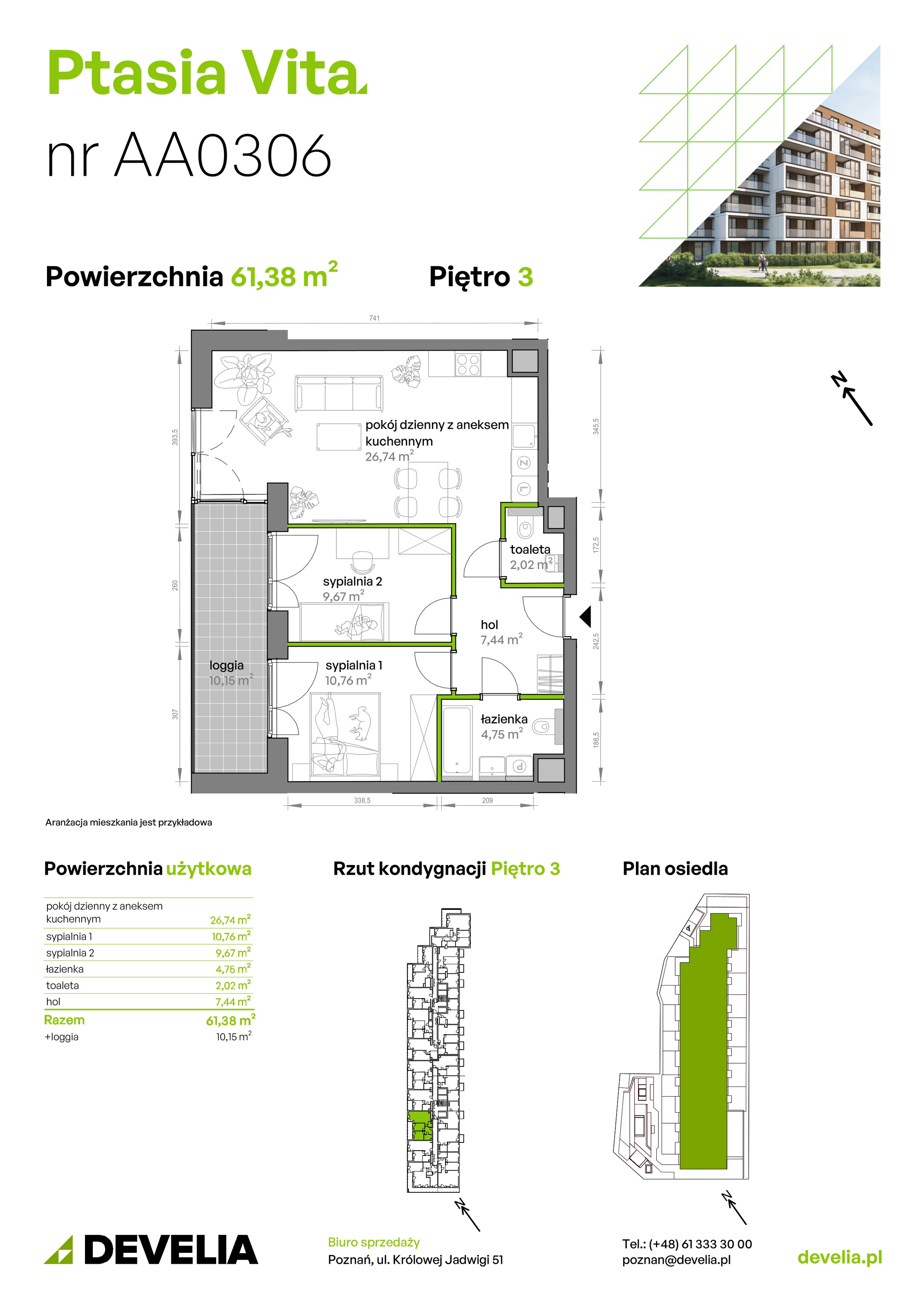 3 pokoje, mieszkanie 61,38 m², piętro 3, oferta nr AA.03.06, Ptasia Vita, Poznań, Grunwald, Grunwald Południe, ul. Ptasia 32