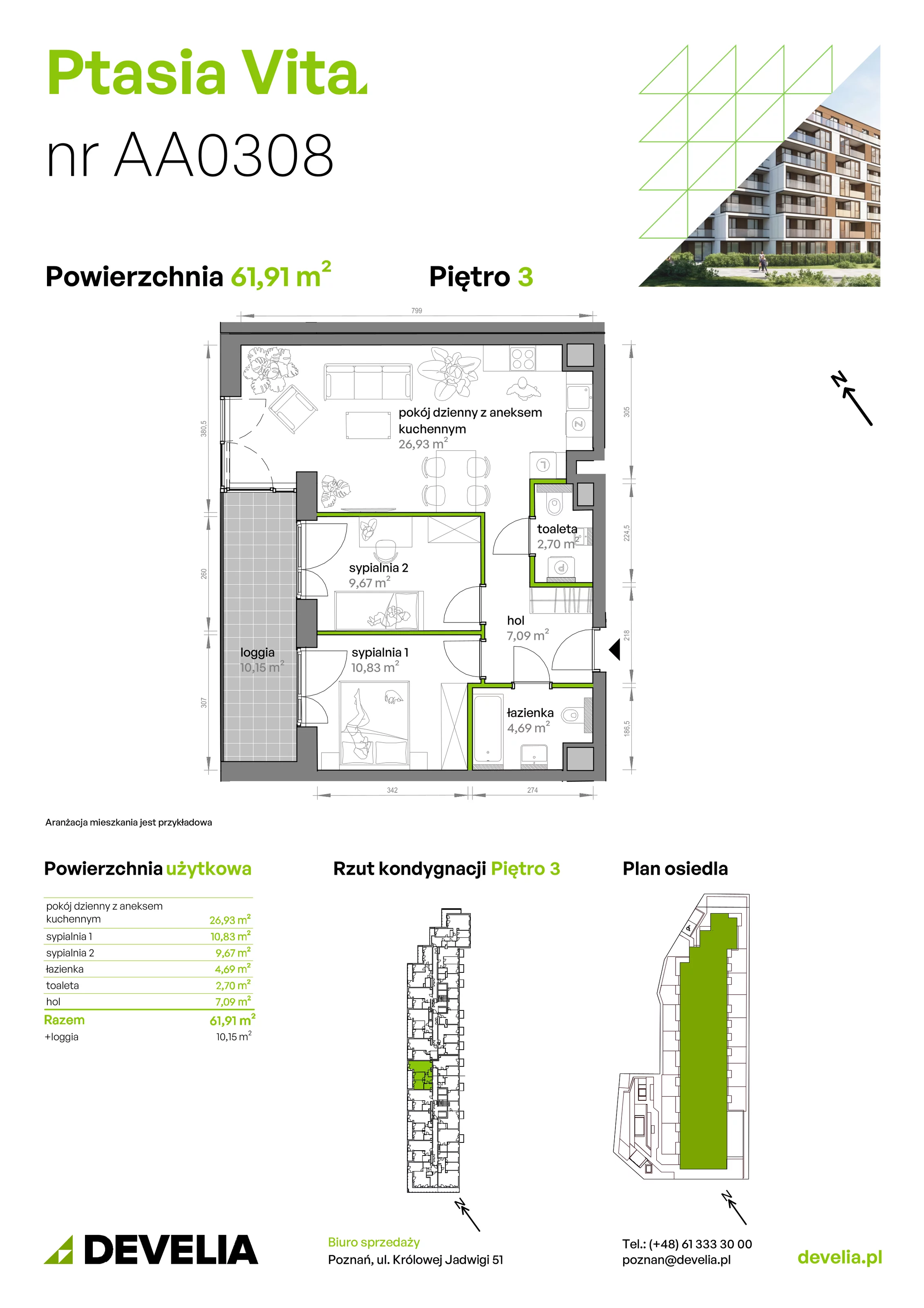 3 pokoje, mieszkanie 61,91 m², piętro 3, oferta nr AA.03.08, Ptasia Vita, Poznań, Grunwald, Grunwald Południe, ul. Ptasia 32