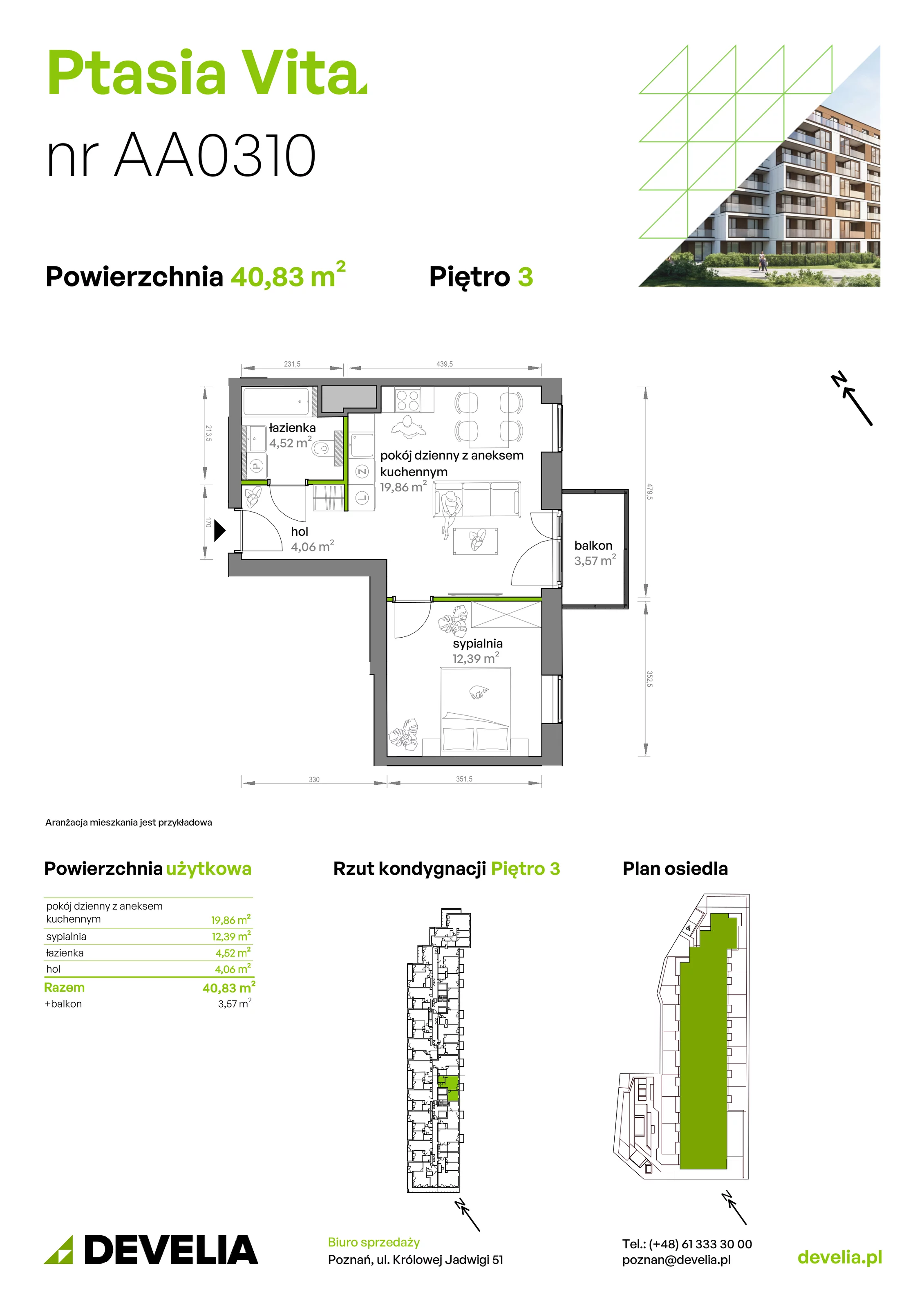 2 pokoje, mieszkanie 40,83 m², piętro 3, oferta nr AA.03.10, Ptasia Vita, Poznań, Grunwald, Grunwald Południe, ul. Ptasia 32