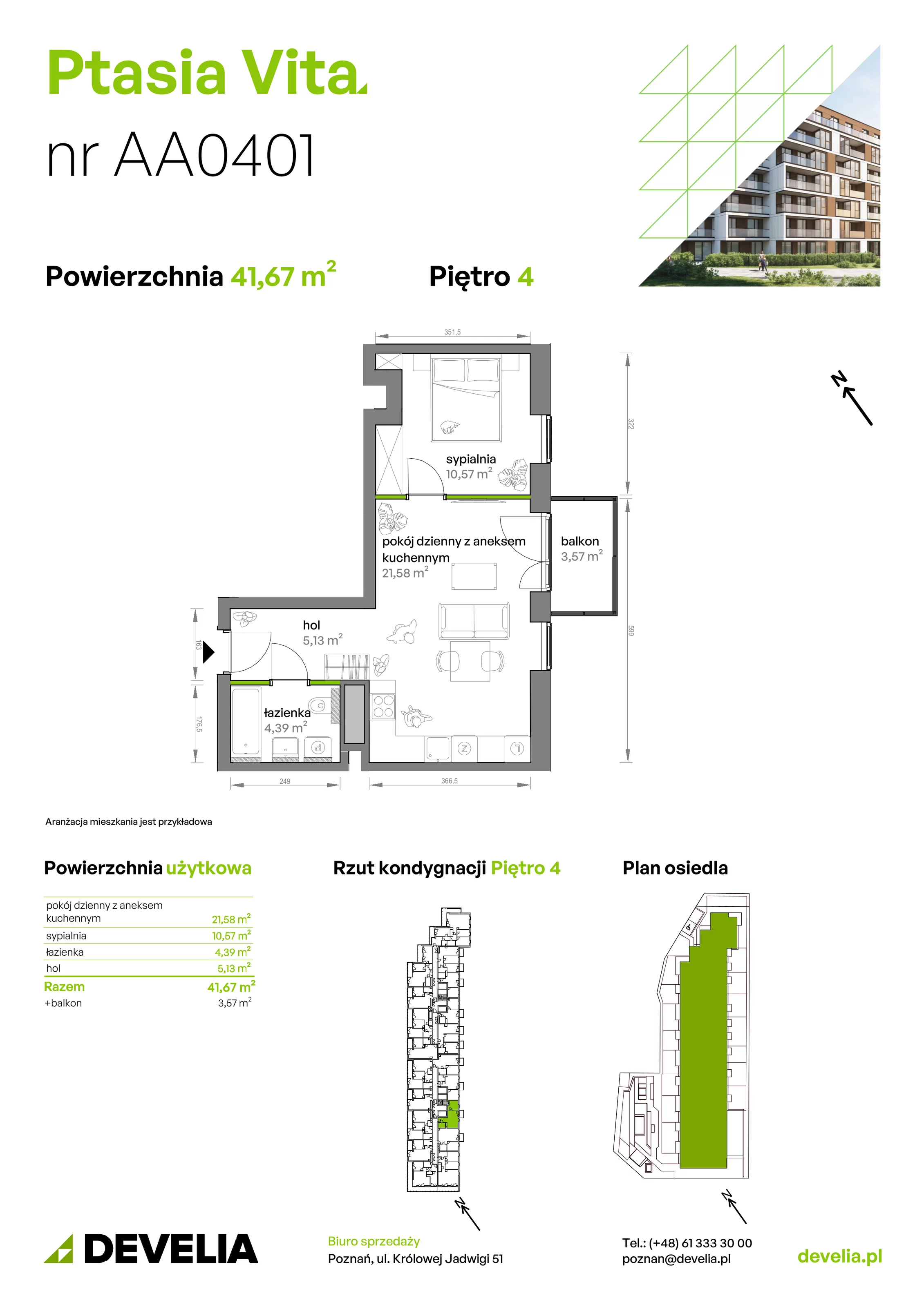 2 pokoje, mieszkanie 41,67 m², piętro 4, oferta nr AA.04.01, Ptasia Vita, Poznań, Grunwald, Grunwald Południe, ul. Ptasia 32
