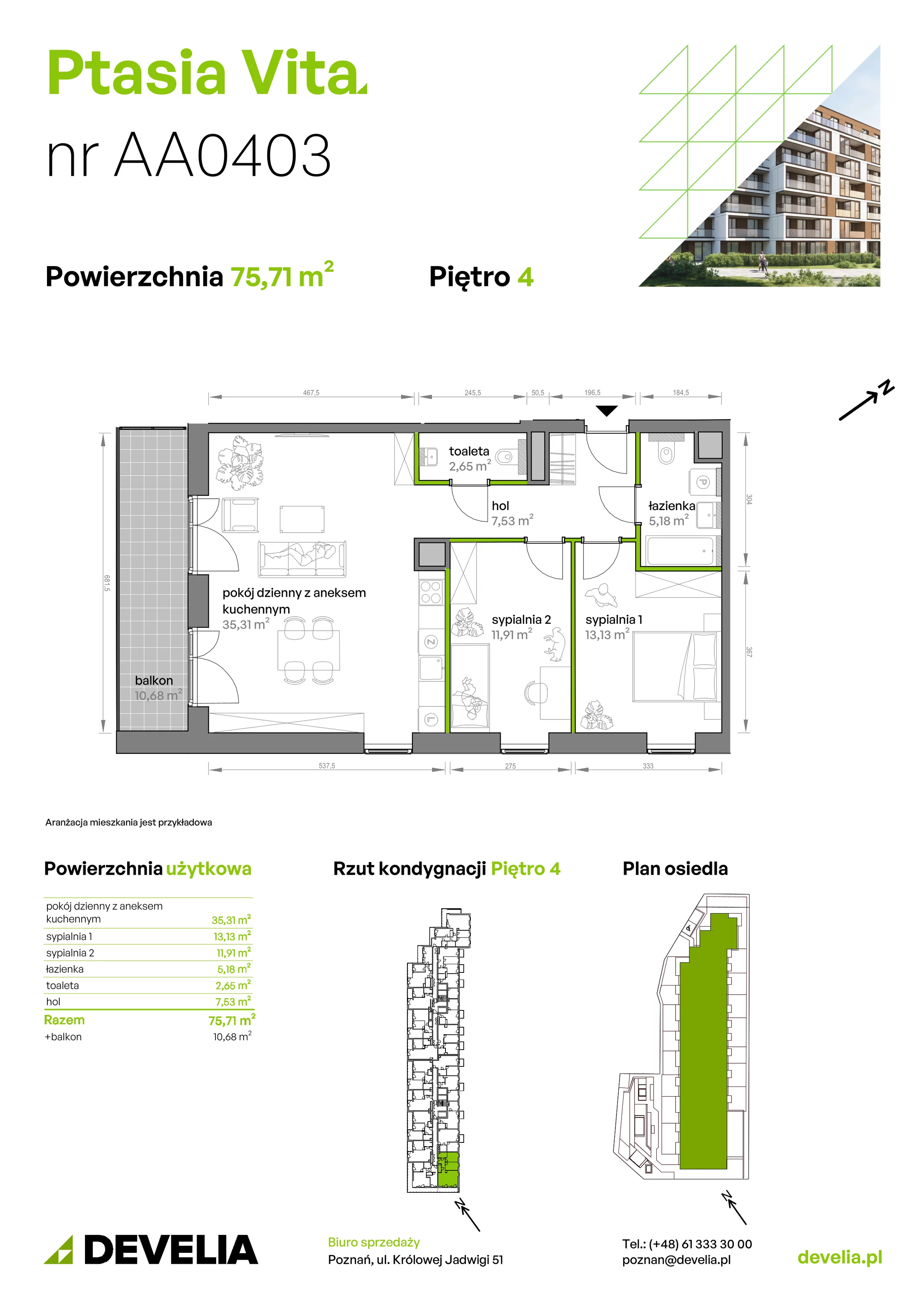 3 pokoje, mieszkanie 75,71 m², piętro 4, oferta nr AA.04.03, Ptasia Vita, Poznań, Grunwald, Grunwald Południe, ul. Ptasia 32