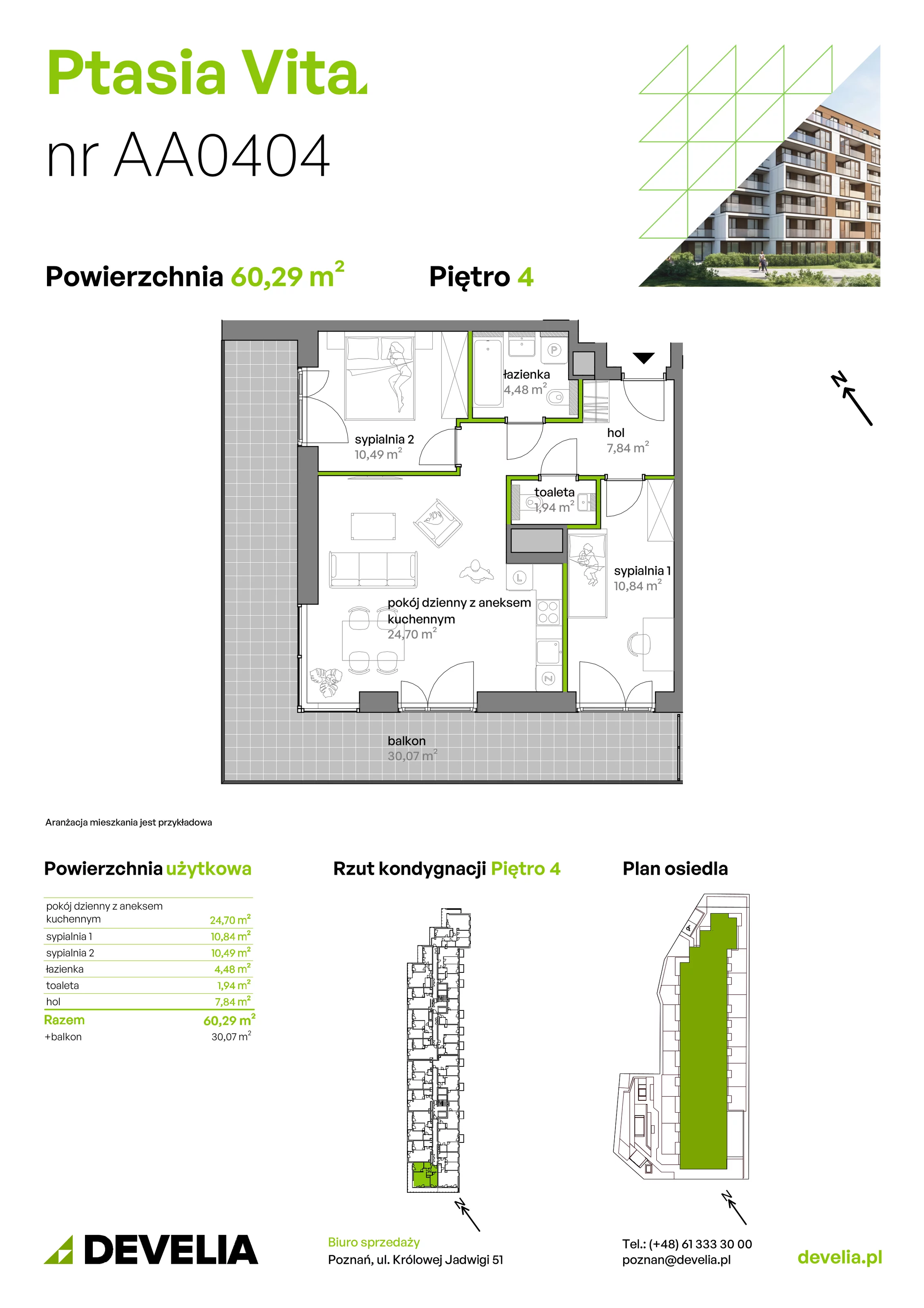 3 pokoje, mieszkanie 60,29 m², piętro 4, oferta nr AA.04.04, Ptasia Vita, Poznań, Grunwald, Grunwald Południe, ul. Ptasia 32