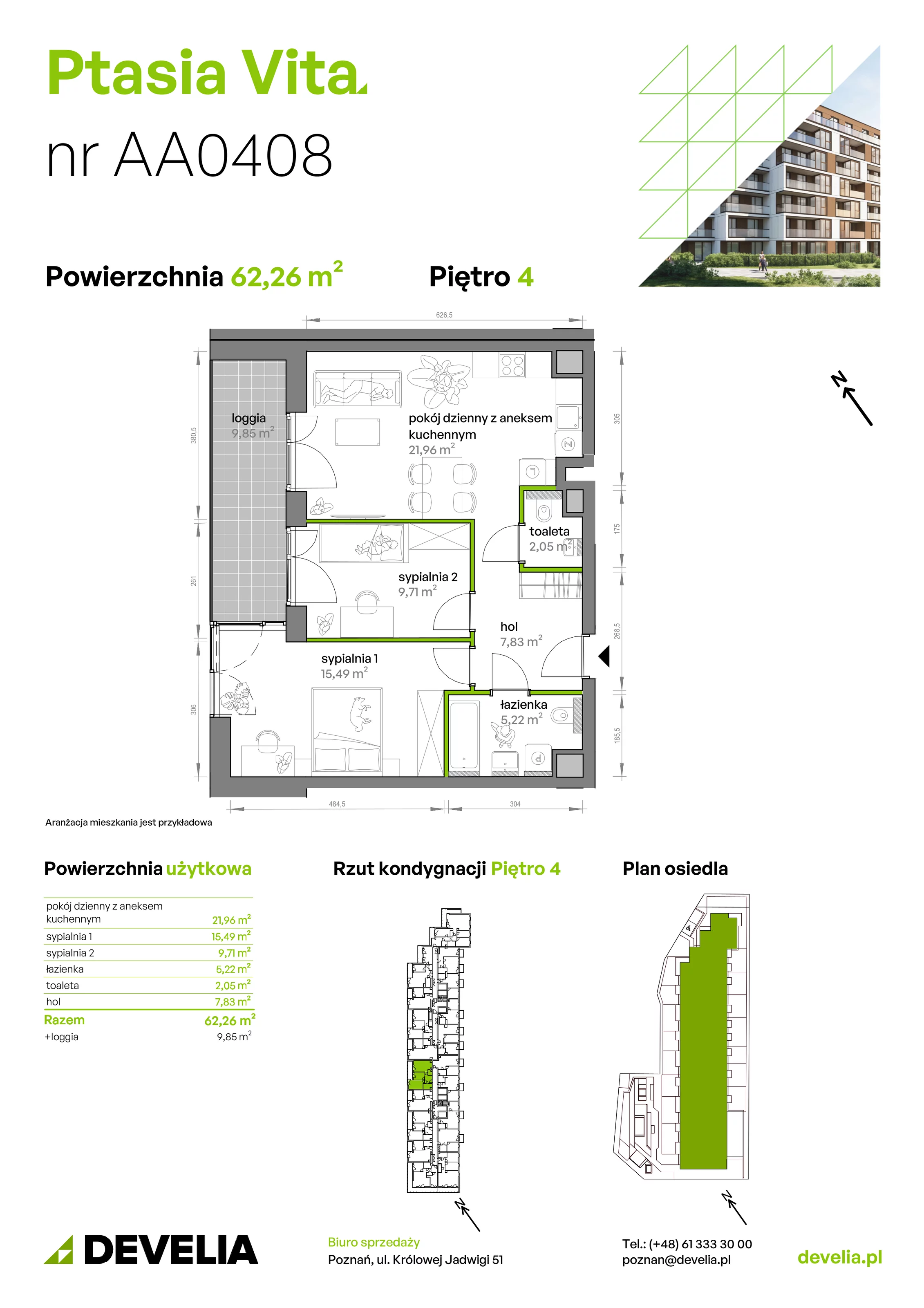 3 pokoje, mieszkanie 62,26 m², piętro 4, oferta nr AA.04.08, Ptasia Vita, Poznań, Grunwald, Grunwald Południe, ul. Ptasia 32