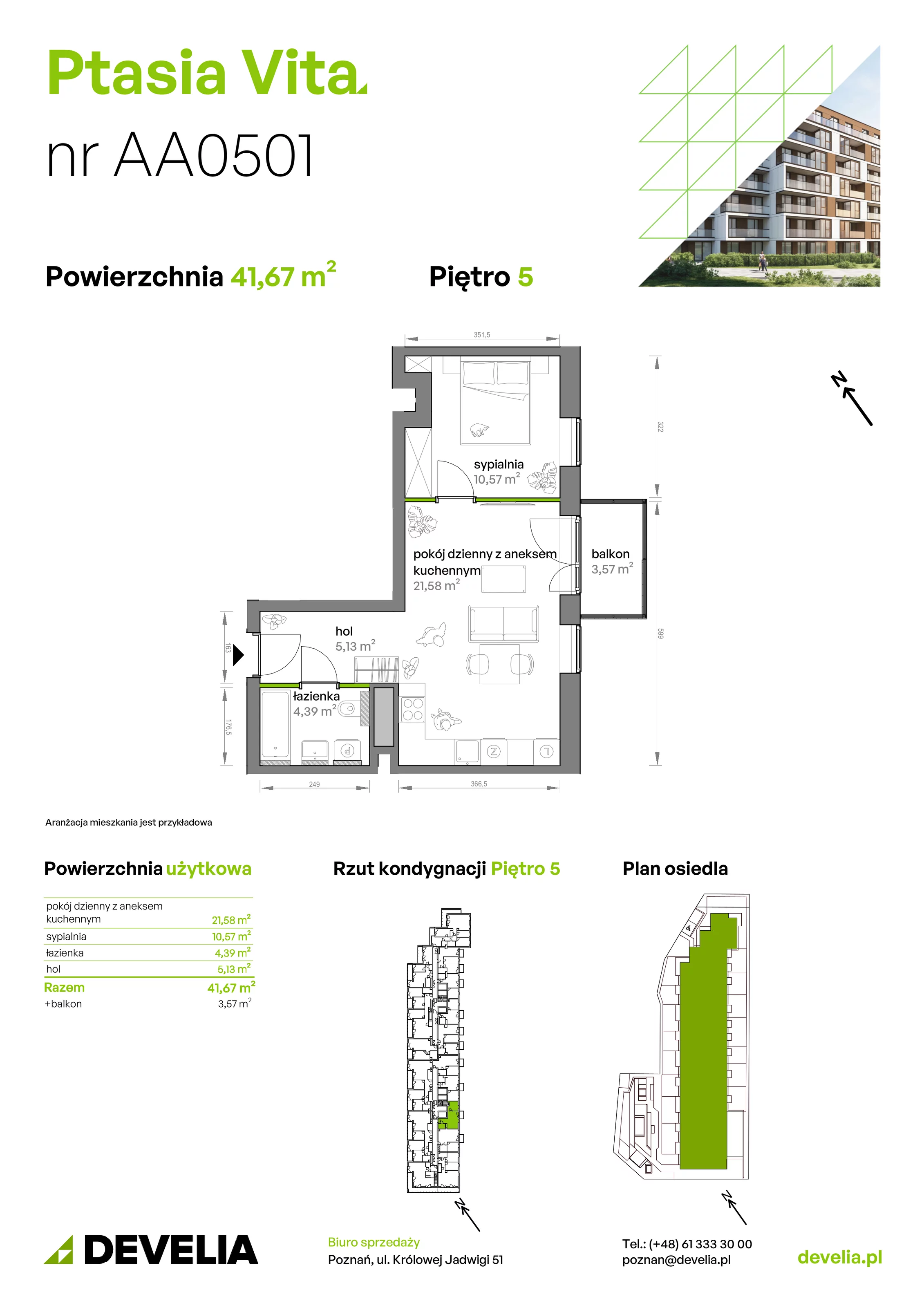 2 pokoje, mieszkanie 41,67 m², piętro 5, oferta nr AA.05.01, Ptasia Vita, Poznań, Grunwald, Grunwald Południe, ul. Ptasia 32