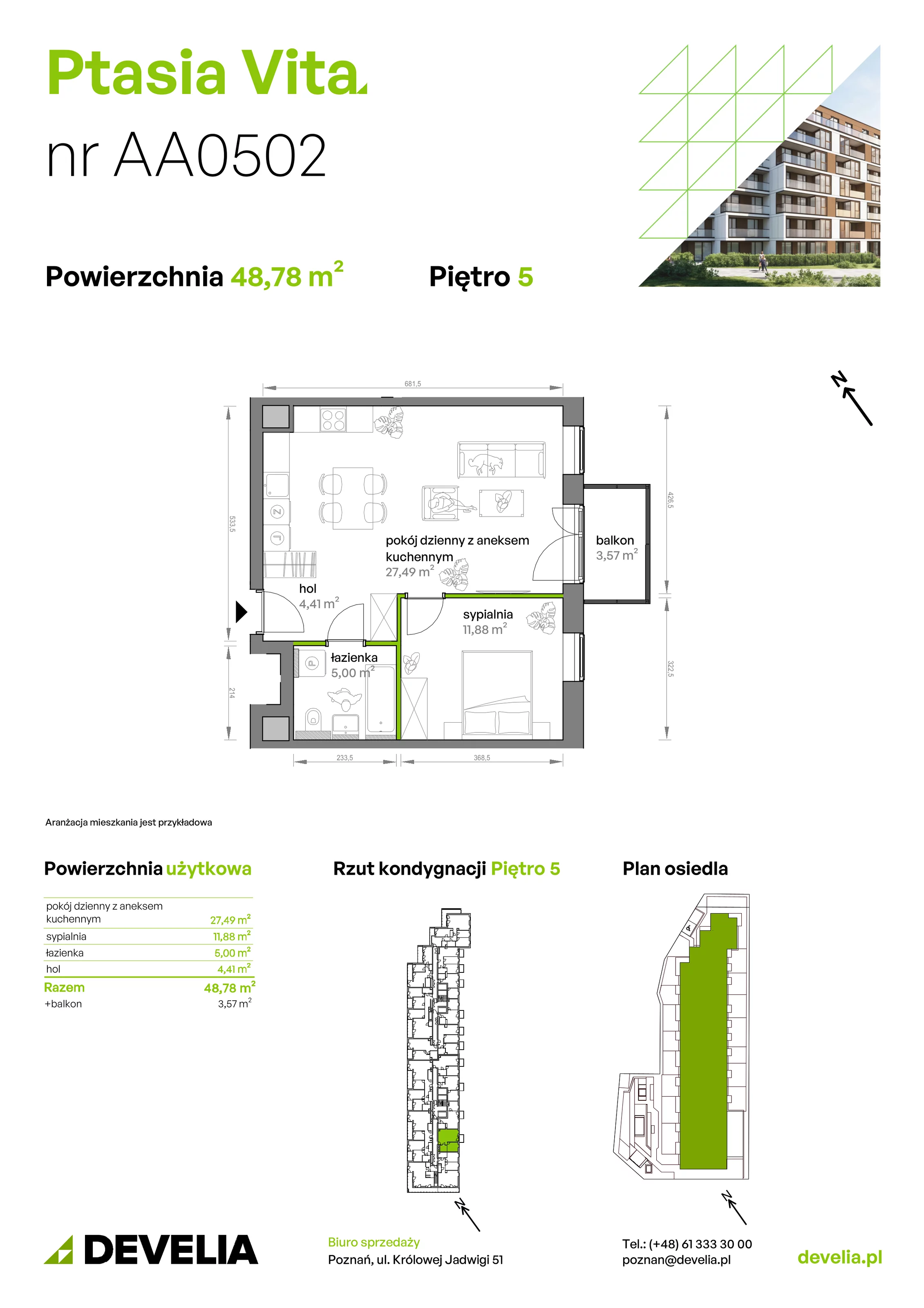 2 pokoje, mieszkanie 48,78 m², piętro 5, oferta nr AA.05.02, Ptasia Vita, Poznań, Grunwald, Grunwald Południe, ul. Ptasia 32