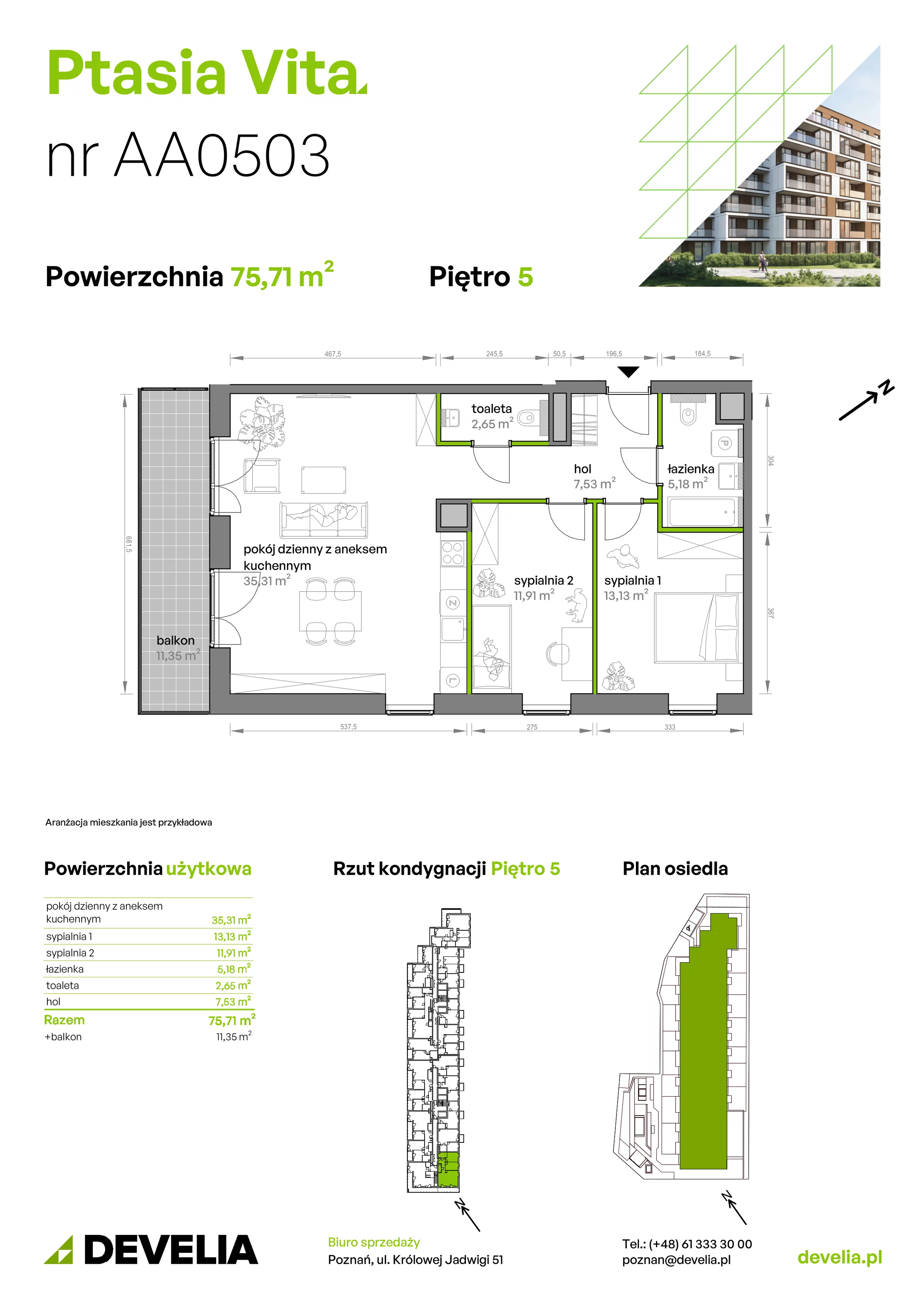 3 pokoje, mieszkanie 75,71 m², piętro 5, oferta nr AA.05.03, Ptasia Vita, Poznań, Grunwald, Grunwald Południe, ul. Ptasia 32