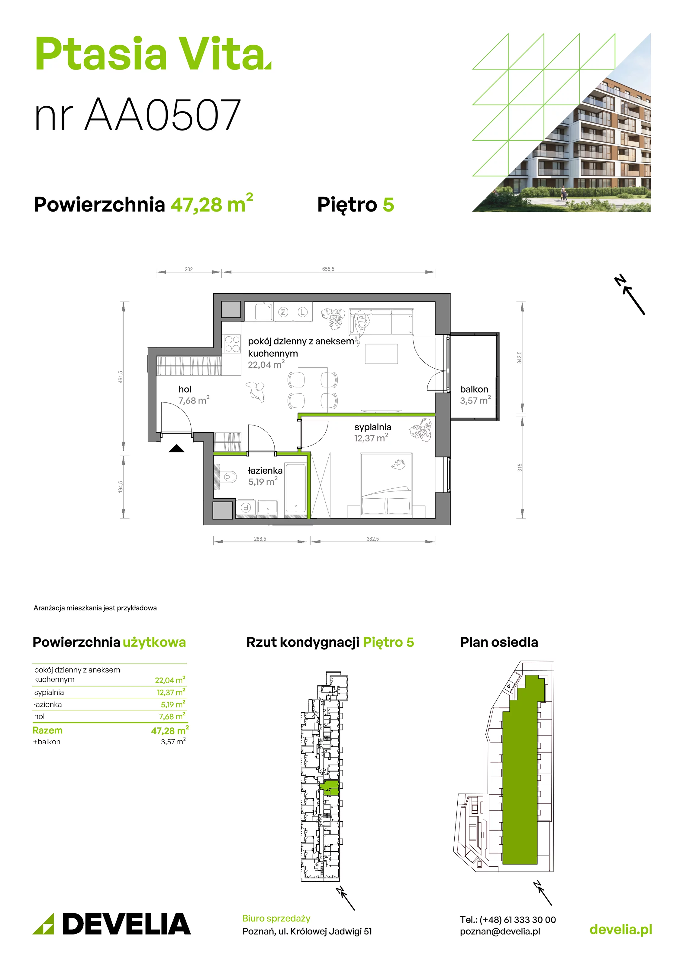 2 pokoje, mieszkanie 47,28 m², piętro 5, oferta nr AA.05.07, Ptasia Vita, Poznań, Grunwald, Grunwald Południe, ul. Ptasia 32