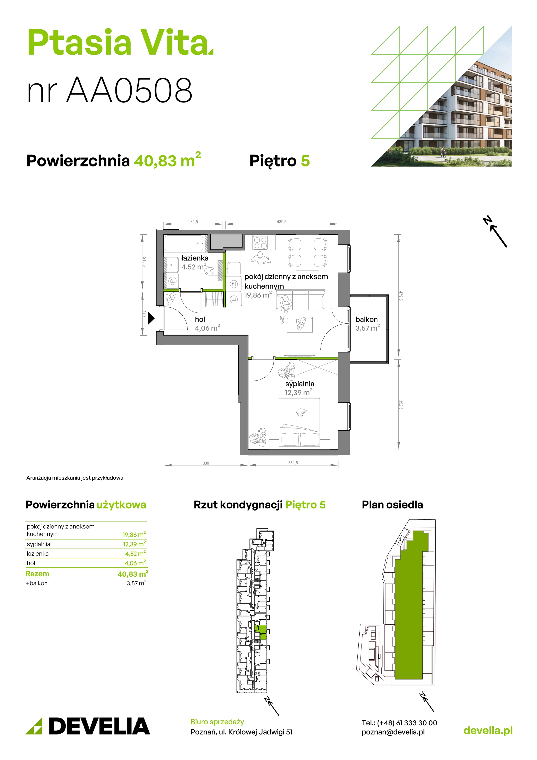 2 pokoje, mieszkanie 40,83 m², piętro 5, oferta nr AA.05.08, Ptasia Vita, Poznań, Grunwald, Grunwald Południe, ul. Ptasia 32
